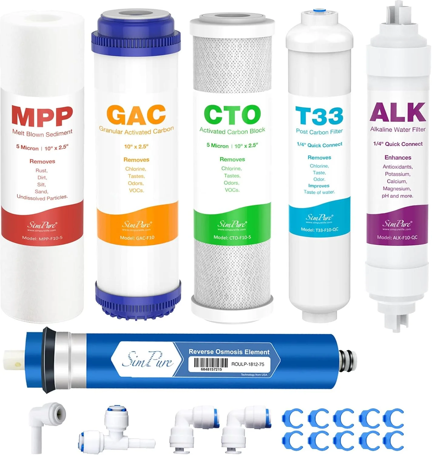 مجموعه فیلتر جایگزین 6 مرحله ای اسمز معکوس SimPure SP5-RO75 با فیلتر مواد معدنی قلیایی، مجموعه فیلتر کامل برای سیستم های تصفیه آب RO اسمز معکوس 6 مرحله ای استاندارد 75 GPD، 6 قطعه
