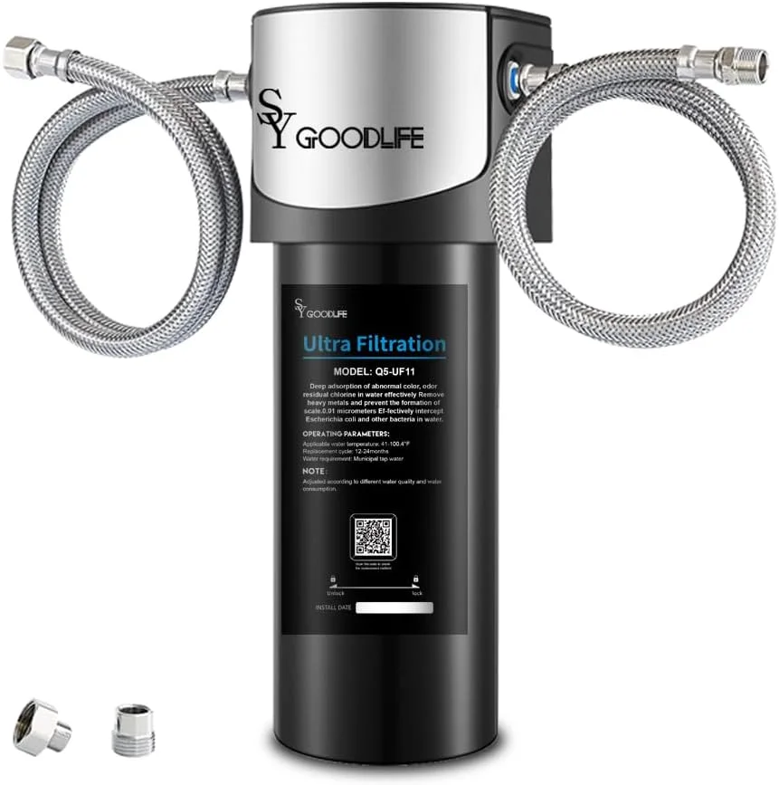 سیستم تصفیه آب زیر سینکی SYGOODLIFE با فیلتراسیون UF 0.01 میکرون، اتصال مستقیم به شیر آشپزخانه، کاهش فلزات سنگین، کلر، طعم و بوی نامطبوع