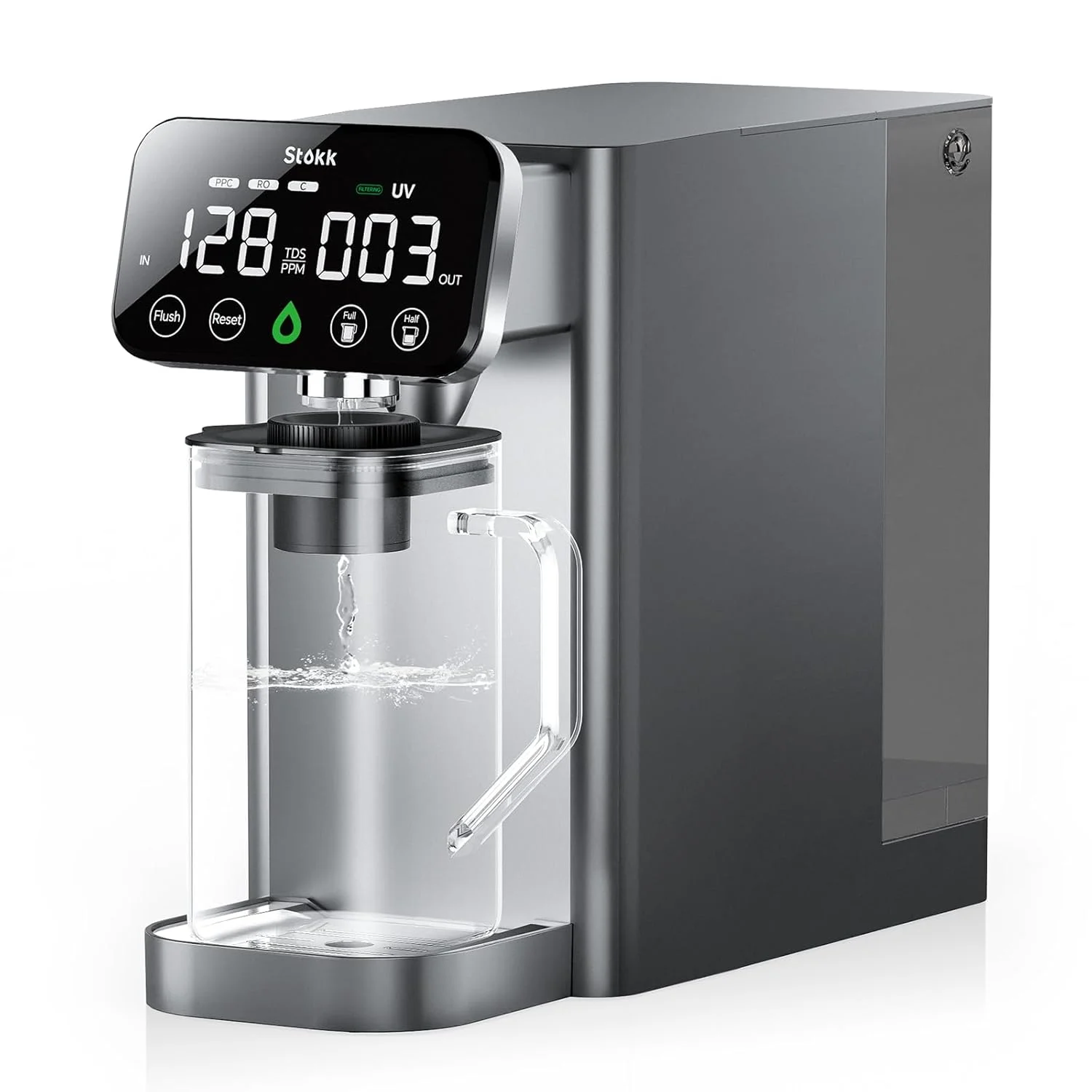 دستگاه تصفیه آب رومیزی استوک T1 Lite UV با اسمز معکوس، دارای قلیایی کننده کارافه، سیستم تصفیه 6 مرحله ای RO، دستگاه تصفیه آب خانگی، کاهش TDS PFAS، خاکستری