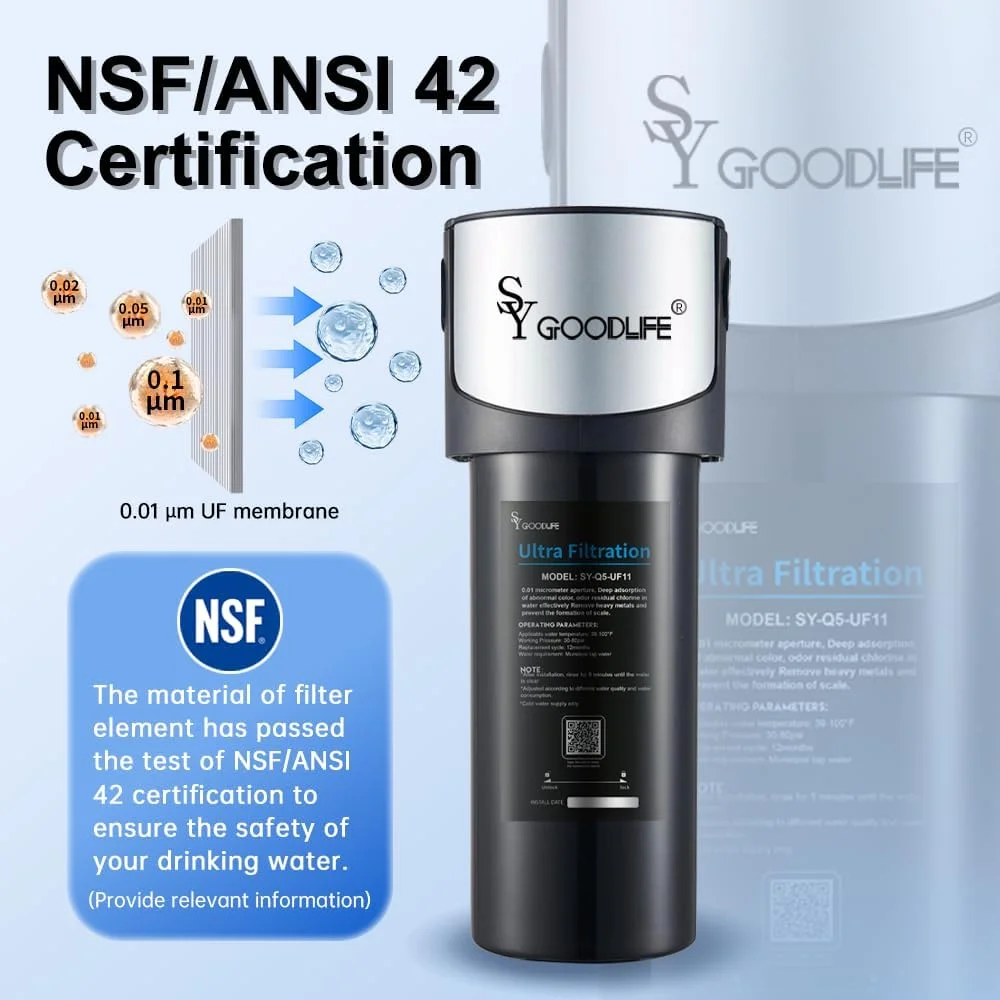 سیستم تصفیه آب زیر سینکی SYGOODLIFE با فیلتراسیون UF 0.01 میکرون، اتصال مستقیم به شیر آشپزخانه، کاهش فلزات سنگین، کلر، طعم و بوی نامطبوع