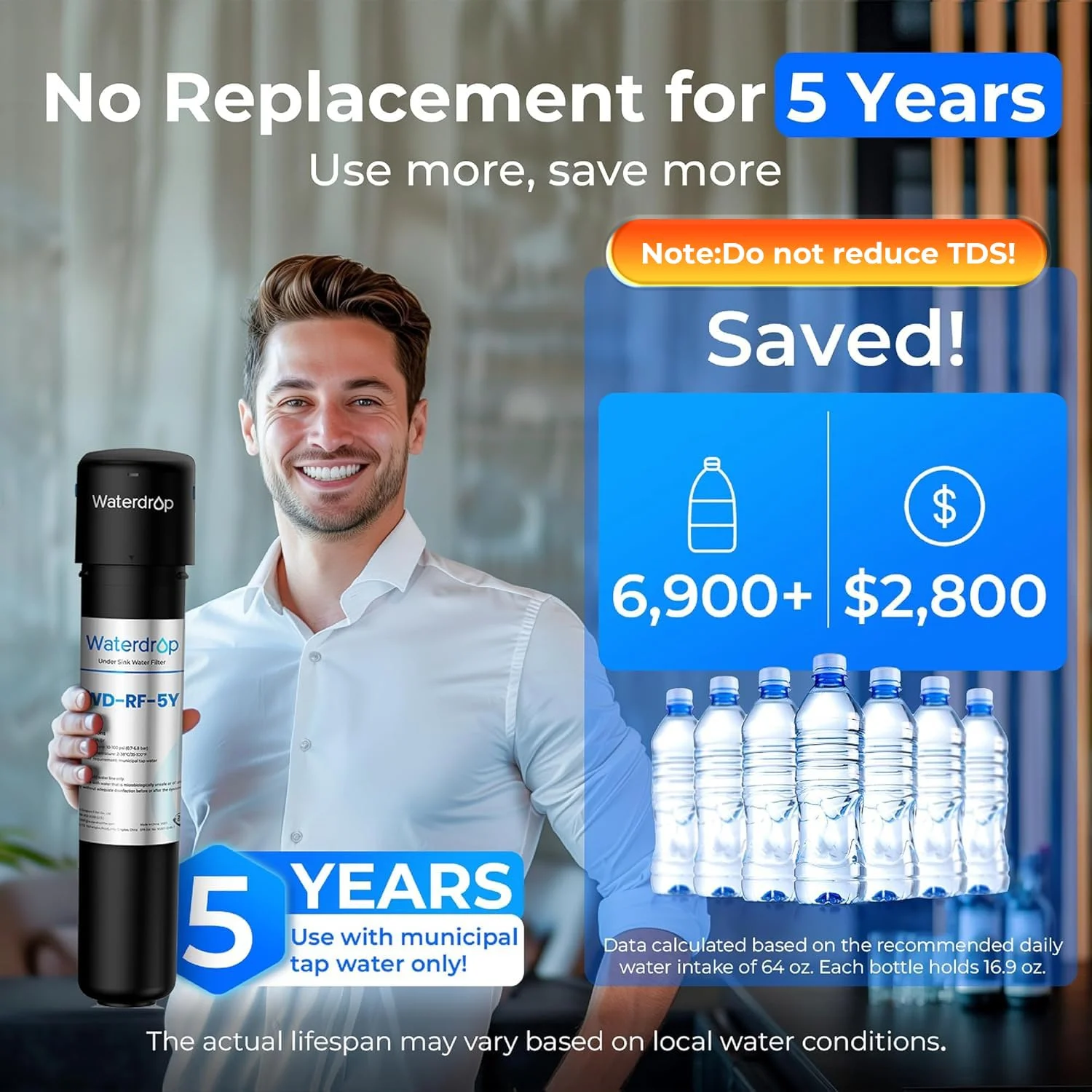 سیستم فیلتر آب زیر سینکی Waterdrop UA-5Y با عمر فوق العاده طولانی، کاهش سرب، کلر، طعم و بوی نامطبوع، اتصال مستقیم فیلتر آب زیر پیشخوان به شیر آشپزخانه