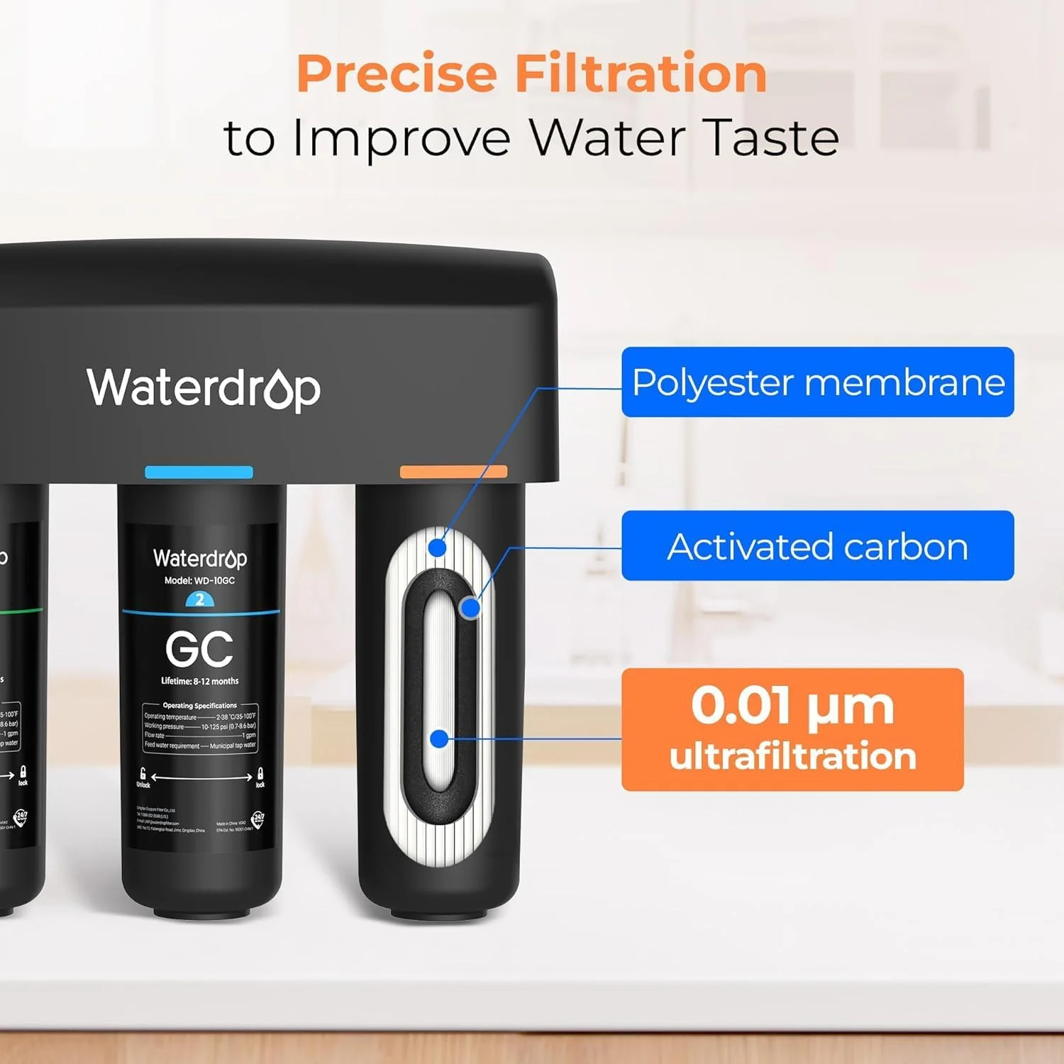 فیلتر آب زیر سینکی Waterdrop WD-TSA-UF با دقت 0.01 میکرومتر، سیستم فیلتراسیون 9 مرحله ای، کاهش کلر، طعم و بو، فلوراید، تکنولوژی پیشرفته آمریکا فیلتر آب زیر سینکی Waterdrop WD-TSA-UF با دقت 0.01 میکرومتر، سیستم فیلتراسیون 9 مرحله ای، کاهش کلر، طعم و بو، فلوراید، تکنولوژی پیشرفته آمریکا