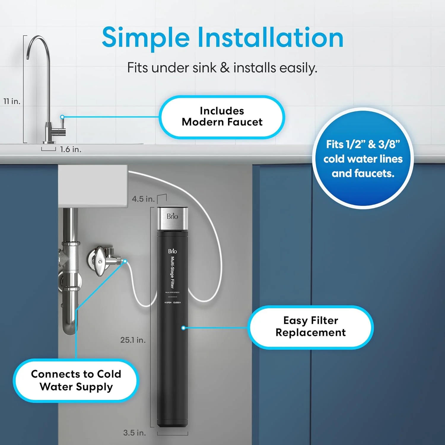 سیستم تصفیه آب زیر سینکی بریو 22 اینچی برای آب آشامیدنی | فیلتر 3 مرحله ای با یک محفظه (0.5 میکرون) به همراه شیر | 21000 گالن یا 2 سال | فیلتر کننده ذرات، کلر، سرب، جیوه و موارد دیگر سیستم تصفیه آب زیر سینکی بریو 22 اینچی برای آب آشامیدنی | فیلتر 3 مرحله ای با یک محفظه (0.5 میکرون) به همراه شیر | 21000 گالن یا 2 سال | فیلتر کننده ذرات، کلر، سرب، جیوه و موارد دیگر
