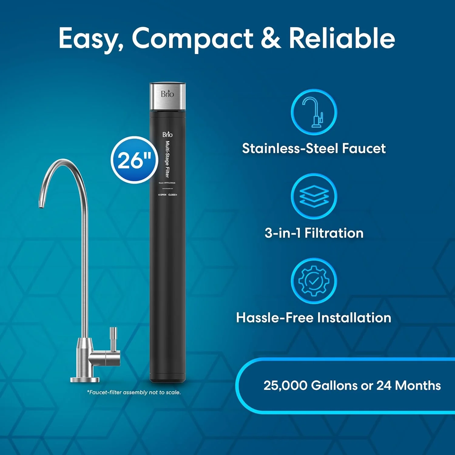 سیستم فیلتراسیون آب زیر سینکی بریو 26 اینچی برای آب آشامیدنی | فیلتر 3 مرحله ای تک محفظه ای (0.5 میکرون) به همراه شیر | 25000 گالن یا 2 سال | فیلتر کننده رسوبات، کلر، سرب، جیوه و موارد دیگر سیستم فیلتراسیون آب زیر سینکی بریو 26 اینچی برای آب آشامیدنی | فیلتر 3 مرحله ای تک محفظه ای (0.5 میکرون) به همراه شیر | 25000 گالن یا 2 سال | فیلتر کننده رسوبات، کلر، سرب، جیوه و موارد دیگر