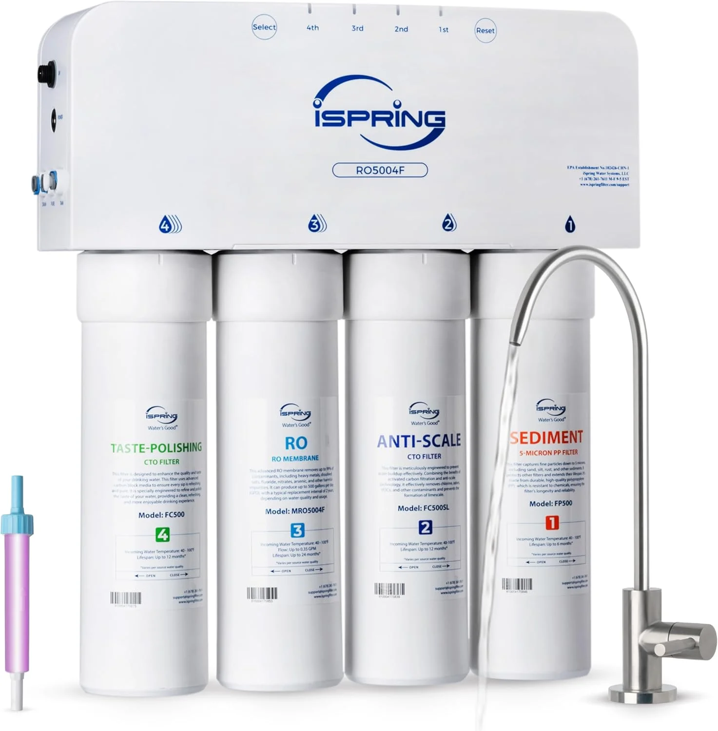 دستگاه تصفیه آب اسمز معکوس iSpring RO5004F با اشعه ماوراء بنفش، سیستم RO 500 GPD زیر سینکی، نسبت پساب به آب خالص 2:1، سیستم تصفیه آب RO بدون مخزن با پمپ تقویتی، نمایشگر عمر فیلتر، کاهش PFAS، TDS، سرب