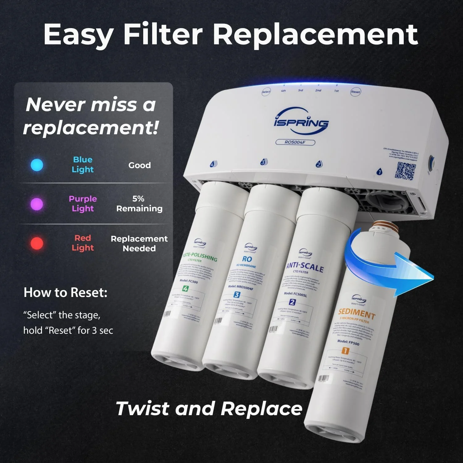 دستگاه تصفیه آب اسمز معکوس iSpring RO5004F با اشعه ماوراء بنفش، سیستم RO 500 GPD زیر سینکی، نسبت پساب به آب خالص 2:1، سیستم تصفیه آب RO بدون مخزن با پمپ تقویتی، نمایشگر عمر فیلتر، کاهش PFAS، TDS، سرب