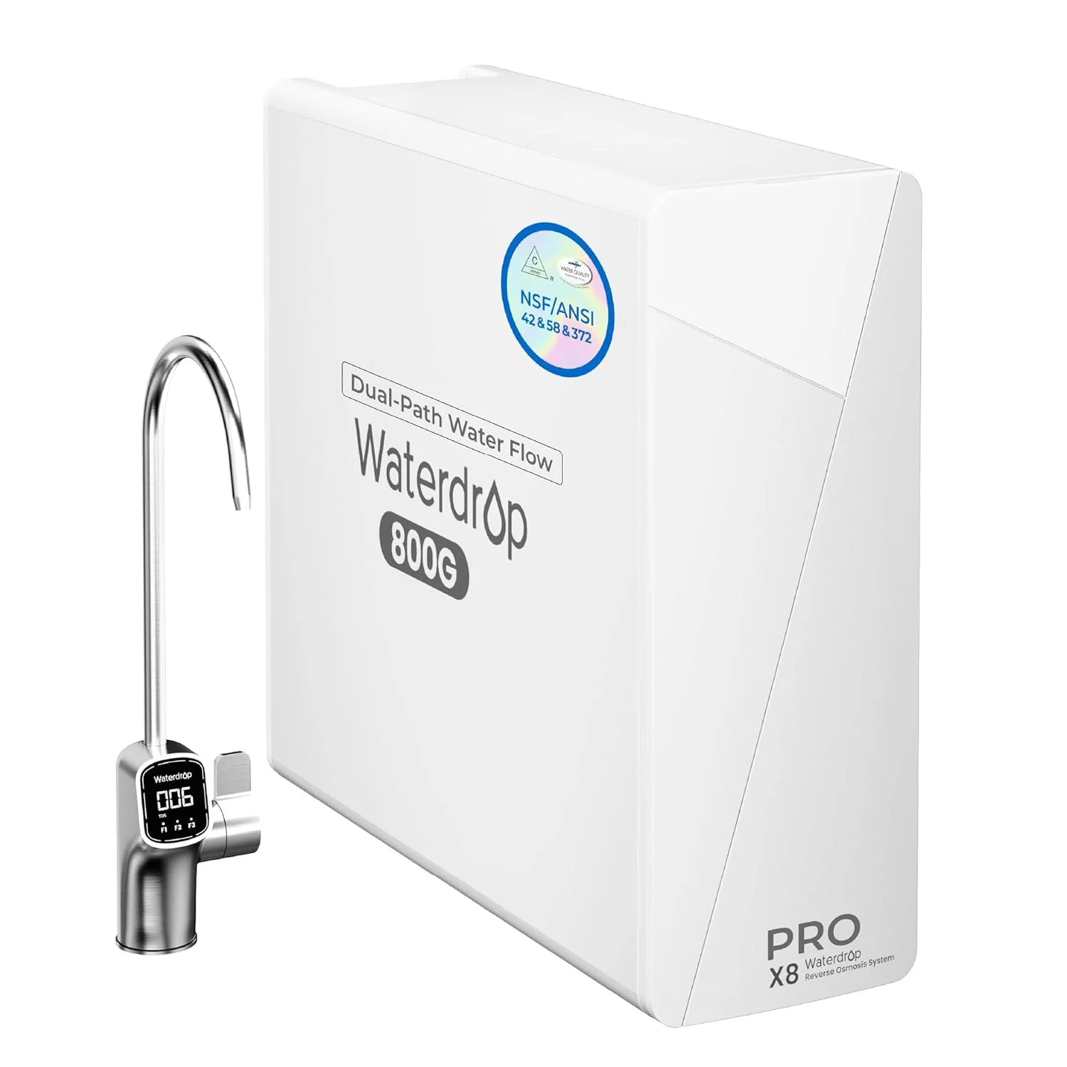 دستگاه تصفیه آب اسمز معکوس Waterdrop X8-PRO، دارای گواهینامه NSF/ANSI 58&372، سیستم تصفیه آب RO زیر سینکی با ظرفیت 800 GPD