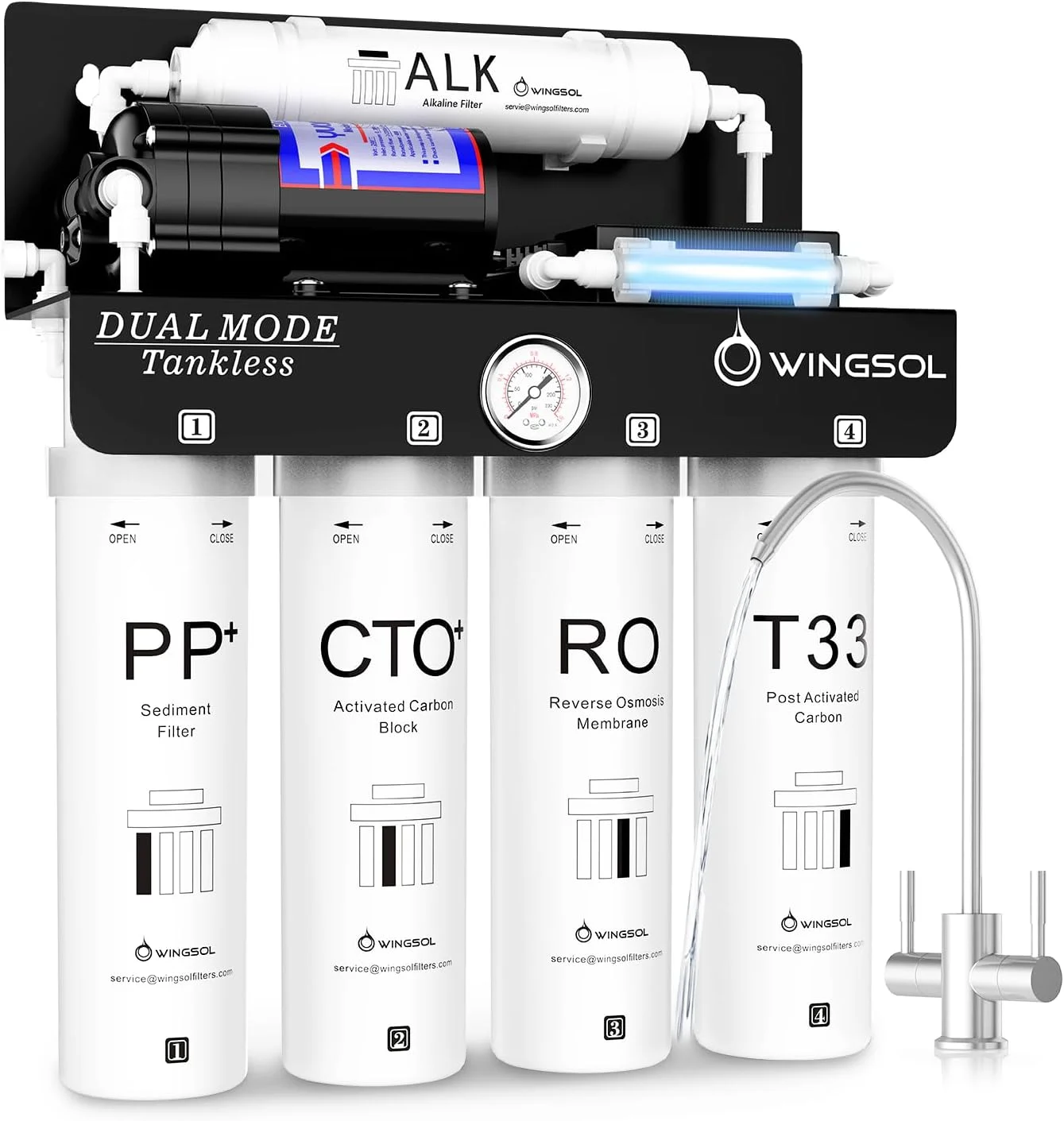 سیستم تصفیه آب دو حالته قلیایی UV اسمز معکوس WINGSOL بدون مخزن با TDS نزدیک به 0، فیلتراسیون 6 مرحله ای pH+، زیر سینکی 400 GPD، NSF/ANSI 58، پمپ داخلی، نسبت پساب به آب خالص 1.5:1
