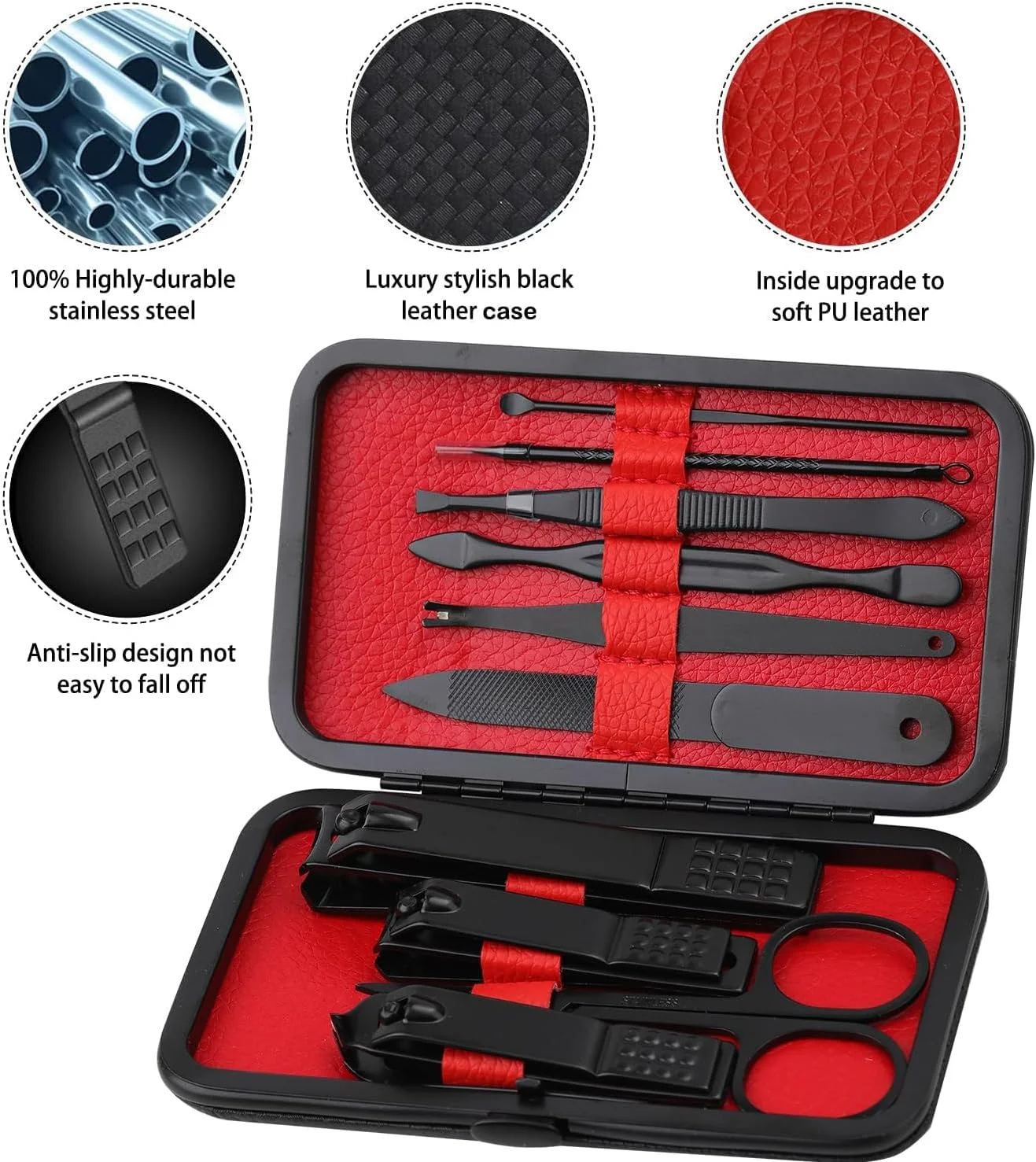 ست مانیکور ابزار گیره ناخن حرفه ای فولاد ضد زنگ با کیف چرمی مسافرتی 10 تکه مشکی