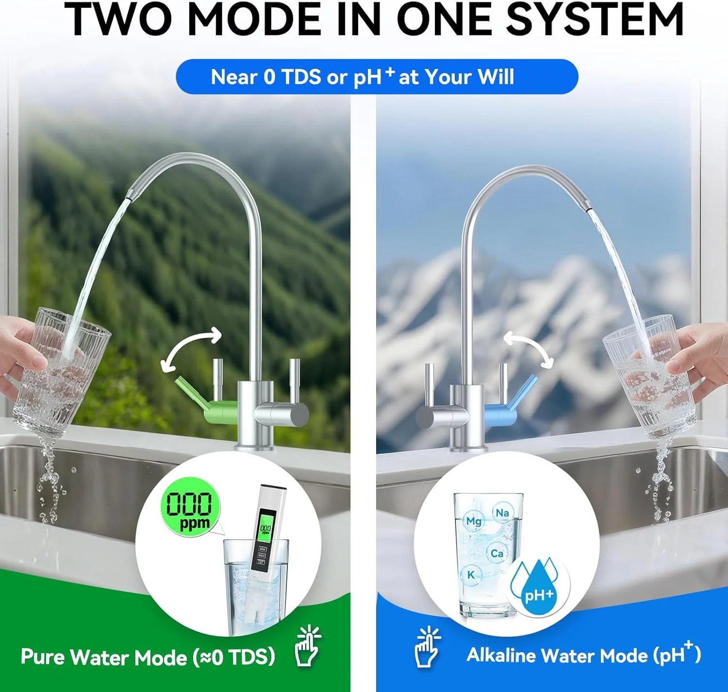 سیستم تصفیه آب دو حالته قلیایی UV اسمز معکوس WINGSOL بدون مخزن با TDS نزدیک به 0، فیلتراسیون 6 مرحله ای pH+، زیر سینکی 400 GPD، NSF/ANSI 58، پمپ داخلی، نسبت پساب به آب خالص 1.5:1