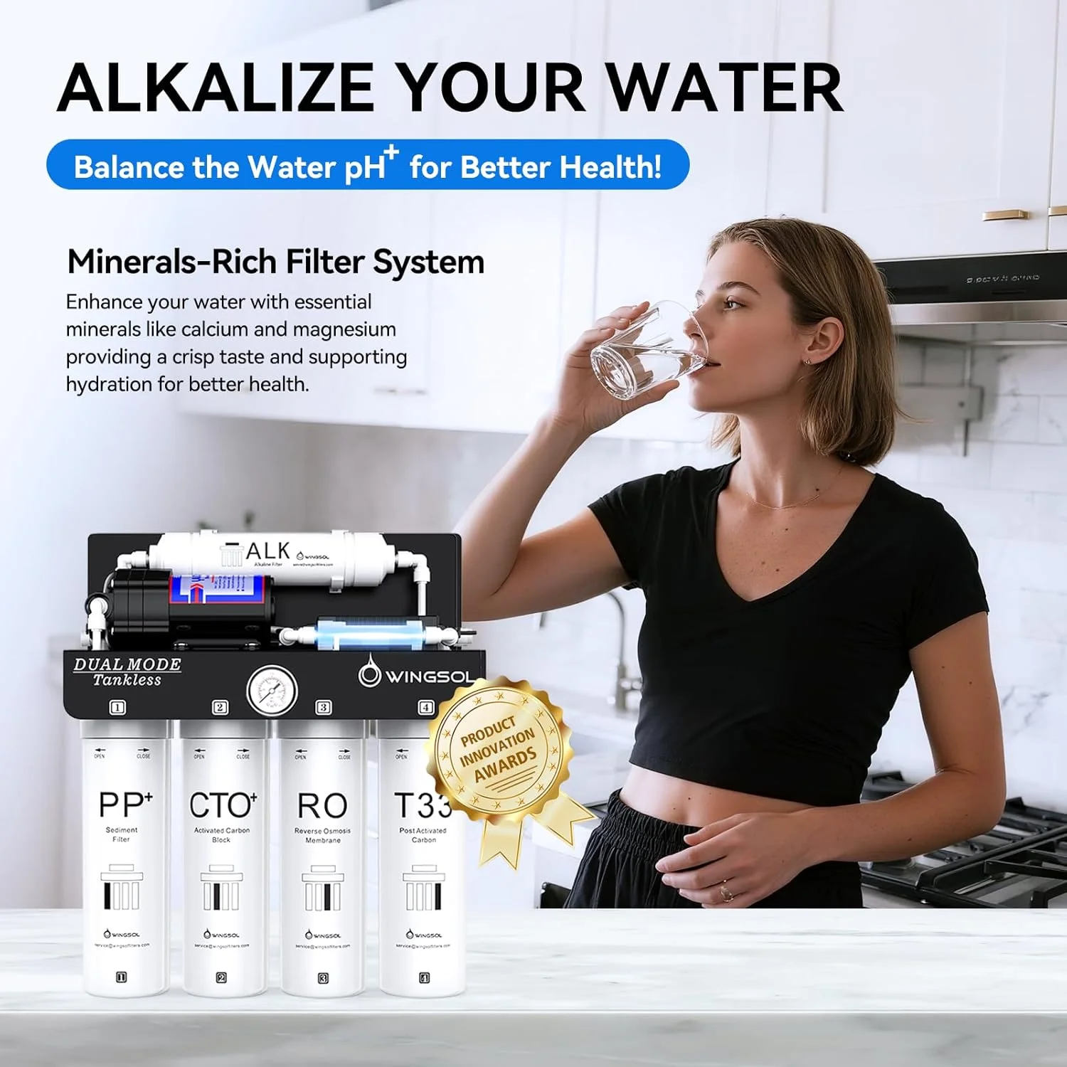 سیستم تصفیه آب دو حالته قلیایی UV اسمز معکوس WINGSOL بدون مخزن با TDS نزدیک به 0، فیلتراسیون 6 مرحله ای pH+، زیر سینکی 400 GPD، NSF/ANSI 58، پمپ داخلی، نسبت پساب به آب خالص 1.5:1