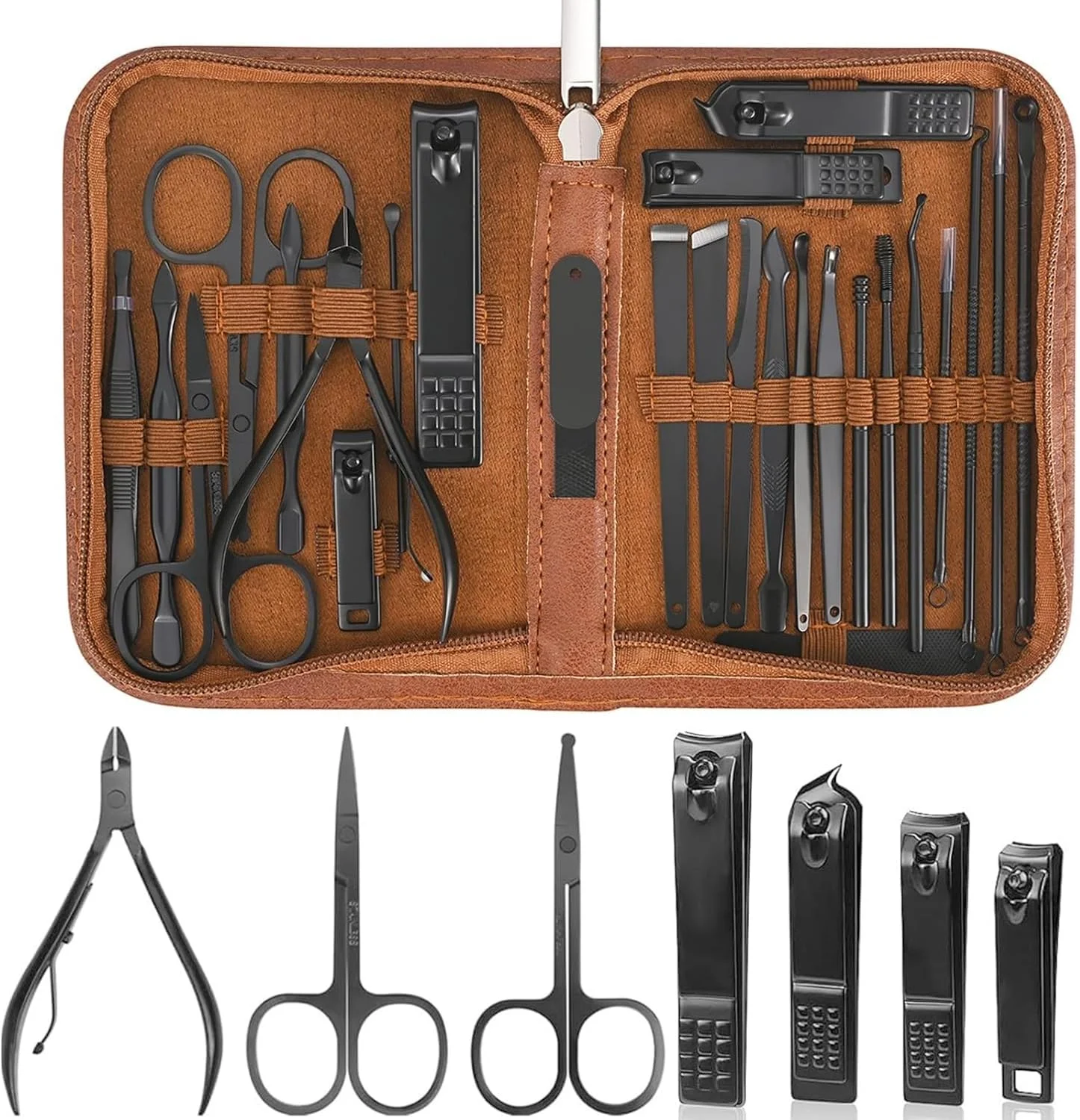 ست مانیکور 26 تکه حرفه ای، ست ناخن گیر و ابزار پدیکور برای مسافرت و نظافت (قهوه ای)