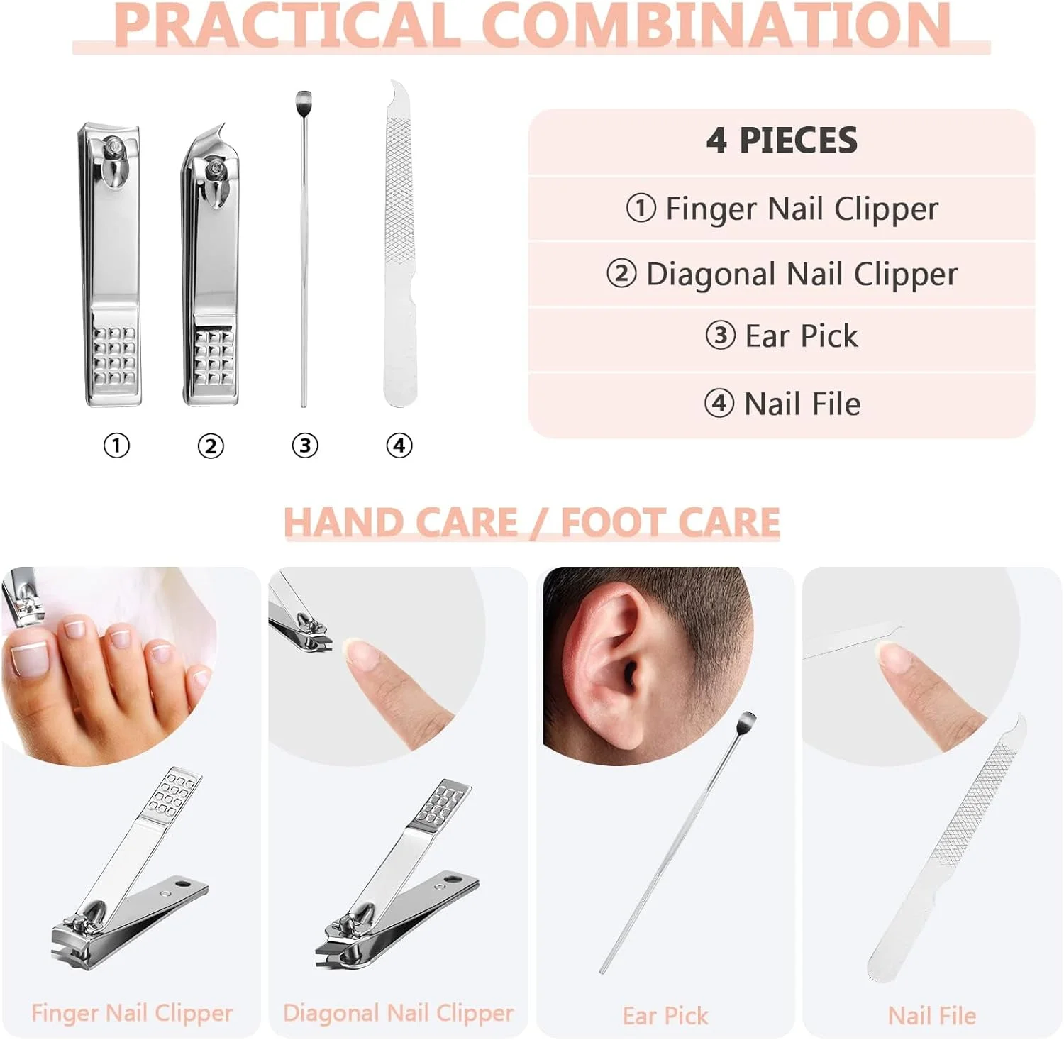 ست مانیکور 4 عددی، ست ناخن گیر، ست پدیکور، ست حرفه ای پدیکور استیل ضد زنگ، ست های پیرایش، ابزار مراقبت از ناخن با کیف مسافرتی لوکس برای مراقبت از ناخن