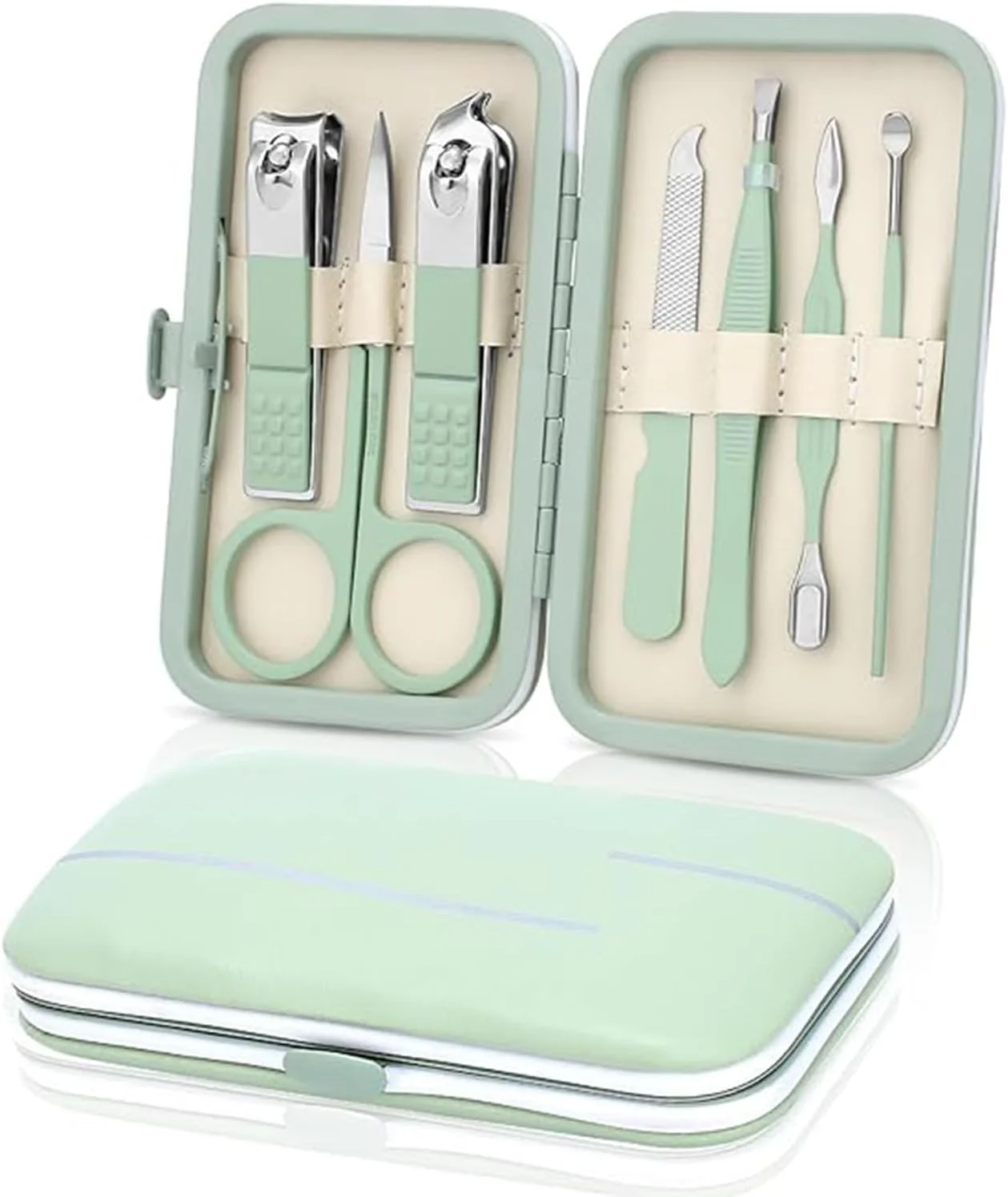 ست مانیکور 7 تکه استیل ضد زنگ، ست مراقبت از ناخن، کیت پدیکور، ناخن گیر، ابزار پیرایش - کیت پدیکور و ناخن گیر انگشت پا - قیچی ناخن ضخیم، لوازم بهداشتی با موچین کوتیکول (سبز)
