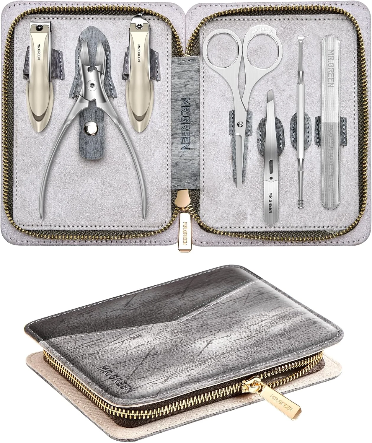 ست مانیکور و پدیکور MR.GREEN، ست قیچی ناخن استیل ضد زنگ آلمانی، ابزار مراقبت شخصی حرفه ای، ناخن گیر انگشتان دست و پا سنگین با محفظه، با کیف چرمی نفیس، هدیه ایده آل