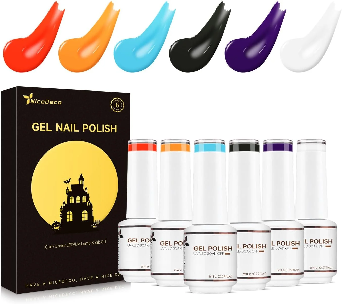 لاک ژل ناخن نایس دکو، بدون مواد مضر، وگان، 6 رنگ نارنجی سوخته، مشکی، آبی، سفید، مناسب طراحی ناخن هالووین، ست 6-25 لاک ژل ناخن نایس دکو، بدون مواد مضر، وگان، 6 رنگ نارنجی سوخته، مشکی، آبی، سفید، مناسب طراحی ناخن هالووین، ست 6-25