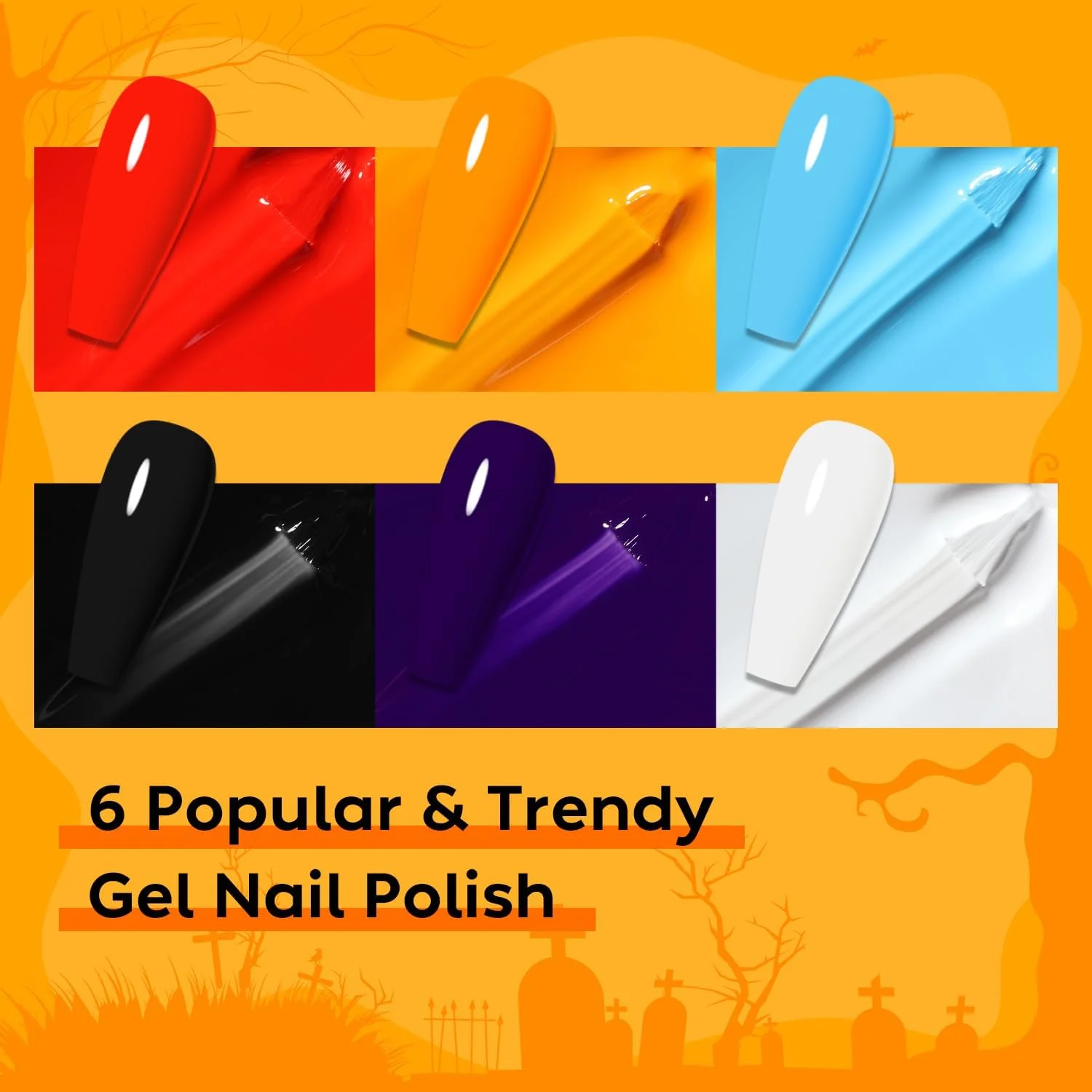 لاک ژل ناخن نایس دکو، بدون مواد مضر، وگان، 6 رنگ نارنجی سوخته، مشکی، آبی، سفید، مناسب طراحی ناخن هالووین، ست 6-25