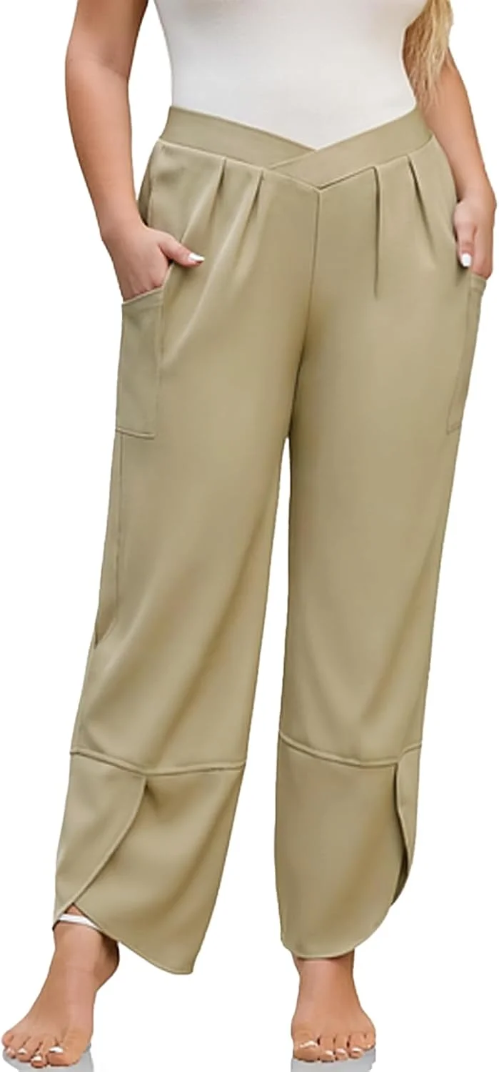AOVDE شلوار پالازو زنانه سایز بزرگ، شلوار گشاد پاچه پهن، کمر کشی ضربدری، شلوار جلوی پلیسه دار با جیب، خاکی، سایز 22