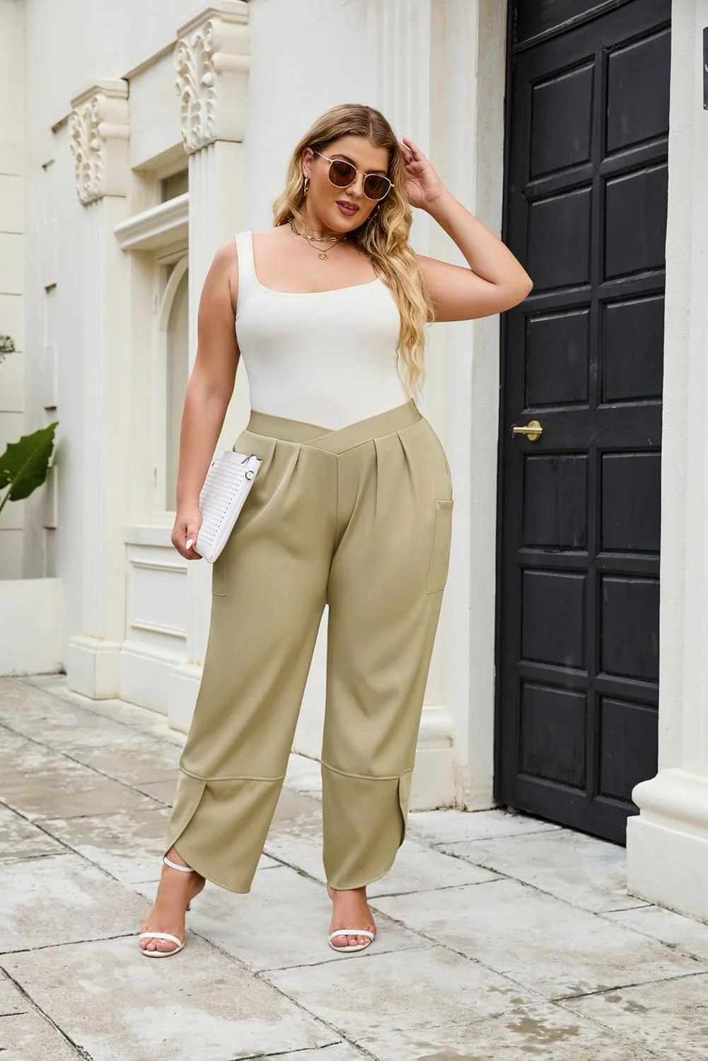 AOVDE شلوار پالازو زنانه سایز بزرگ، شلوار گشاد پاچه پهن، کمر کشی ضربدری، شلوار جلوی پلیسه دار با جیب، خاکی، سایز 22