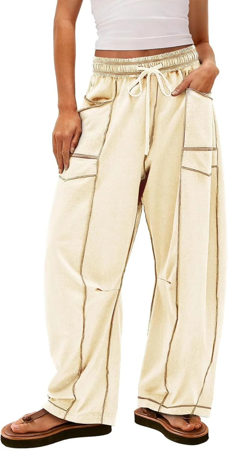 Arssm شلوار گشاد زنانه پاچه گشاد با بند، شلوار بشکه ای، شلوار راحتی ساحلی تابستانی