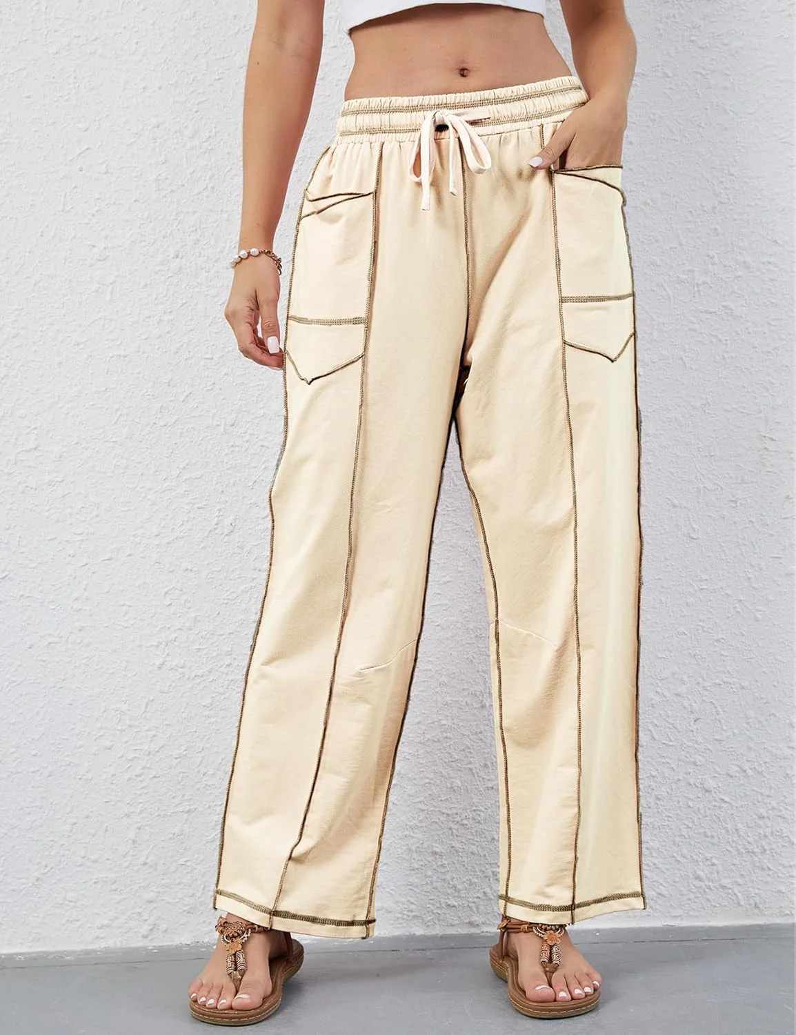 Arssm شلوار گشاد زنانه پاچه گشاد با بند، شلوار بشکه ای، شلوار راحتی ساحلی تابستانی