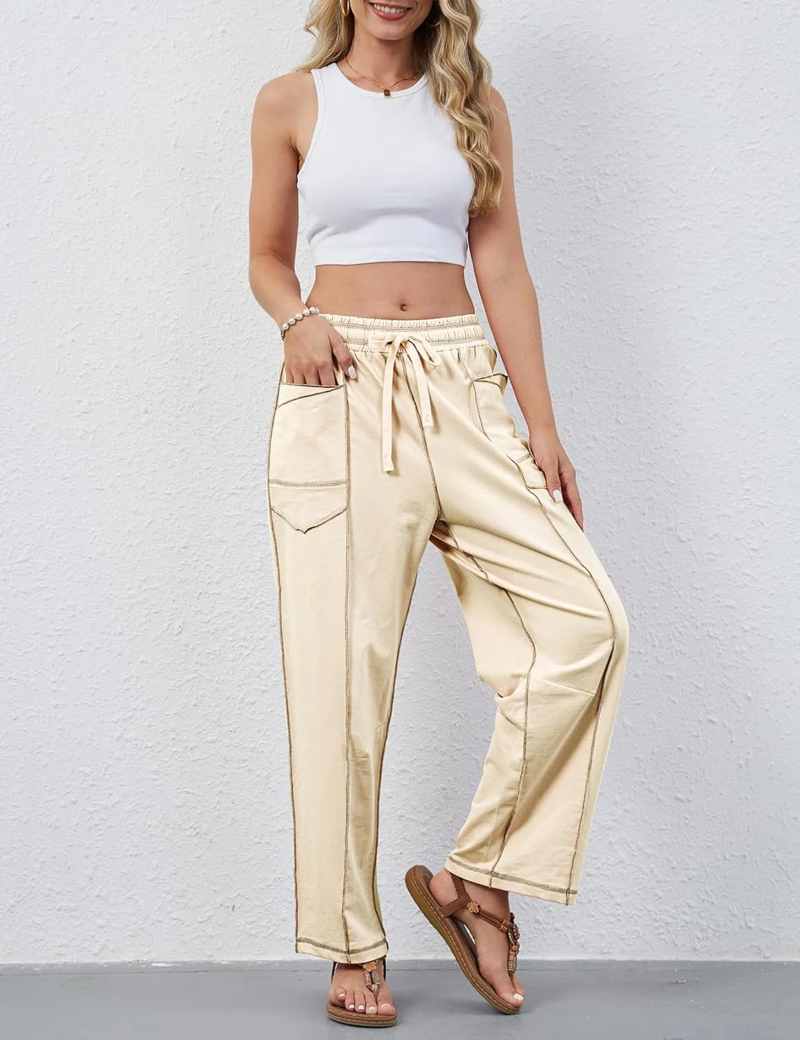 Arssm شلوار گشاد زنانه پاچه گشاد با بند، شلوار بشکه ای، شلوار راحتی ساحلی تابستانی