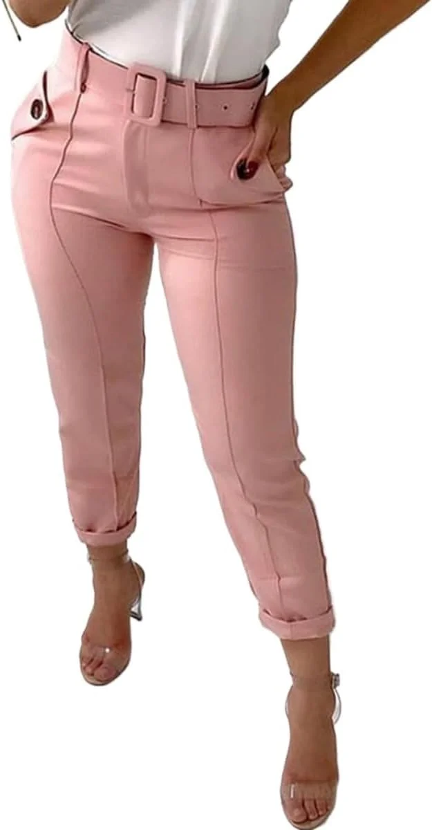 AWAYDD شلوار مدادی زنانه کمر بلند، شلوار جین غیر رسمی زنانه، شلوار راسته جذب با جیب، سایز بزرگ، صورتی، S