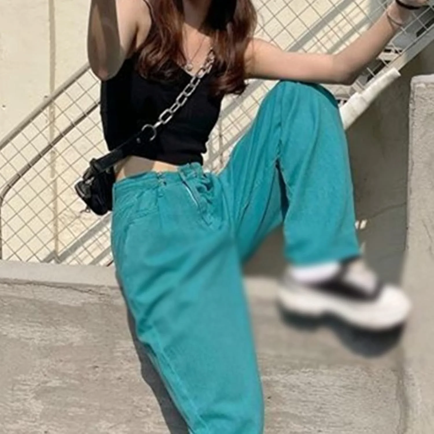 شلوار زنانه BEABAG، شلوار جین سبز زنانه، استایل خیابانی، شلوار جین کمر بلند، شلوار راسته پا گشاد (سایز: X-Large)