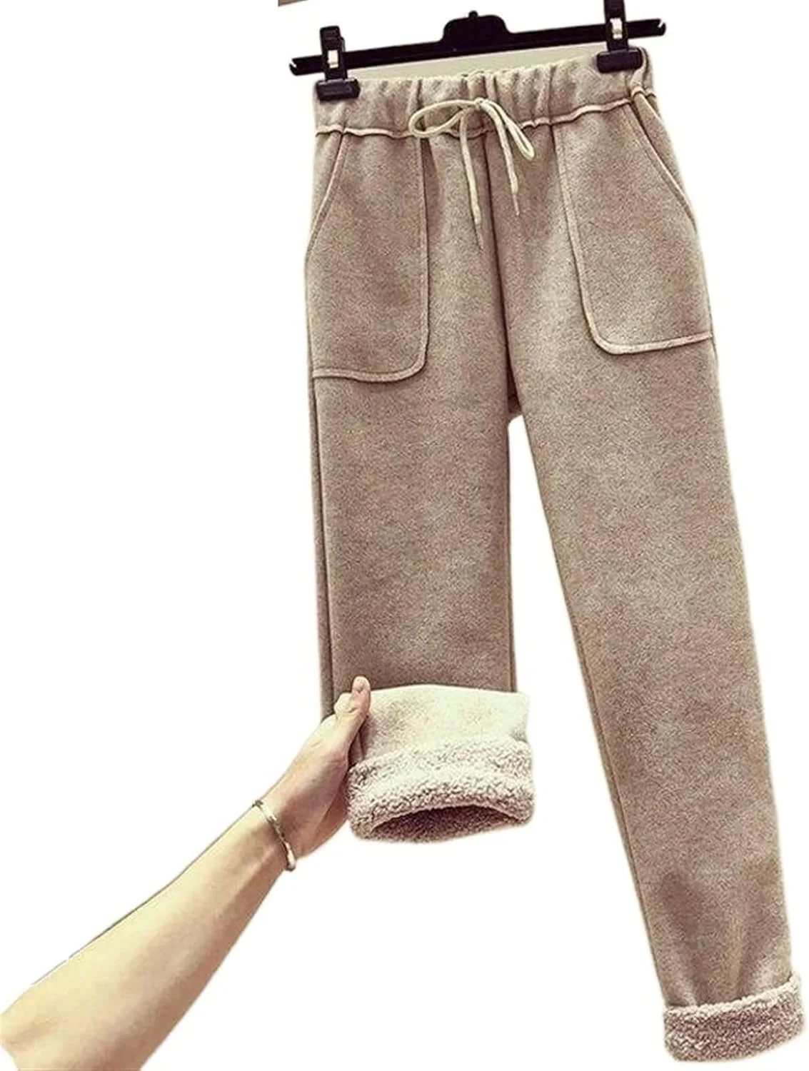 شلوار زنانه BEABAG، شلوار غیر رسمی زنانه، شلوار پاییزه و زمستانه گشاد با کمر بلند، شلوار زنانه، شلوار گرم سایز بزرگ (رنگ: قهوه ای، سایز: L)