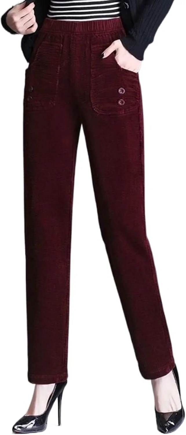 شلوار زنانه مخمل کبریتی راسته با جیب های تکه دوزی شده، شلوار های غیر رسمی گشاد با کمر بلند مناسب پاییز و زمستان (رنگ: آبی تیره، سایز: XL (57-62 کیلوگرم))