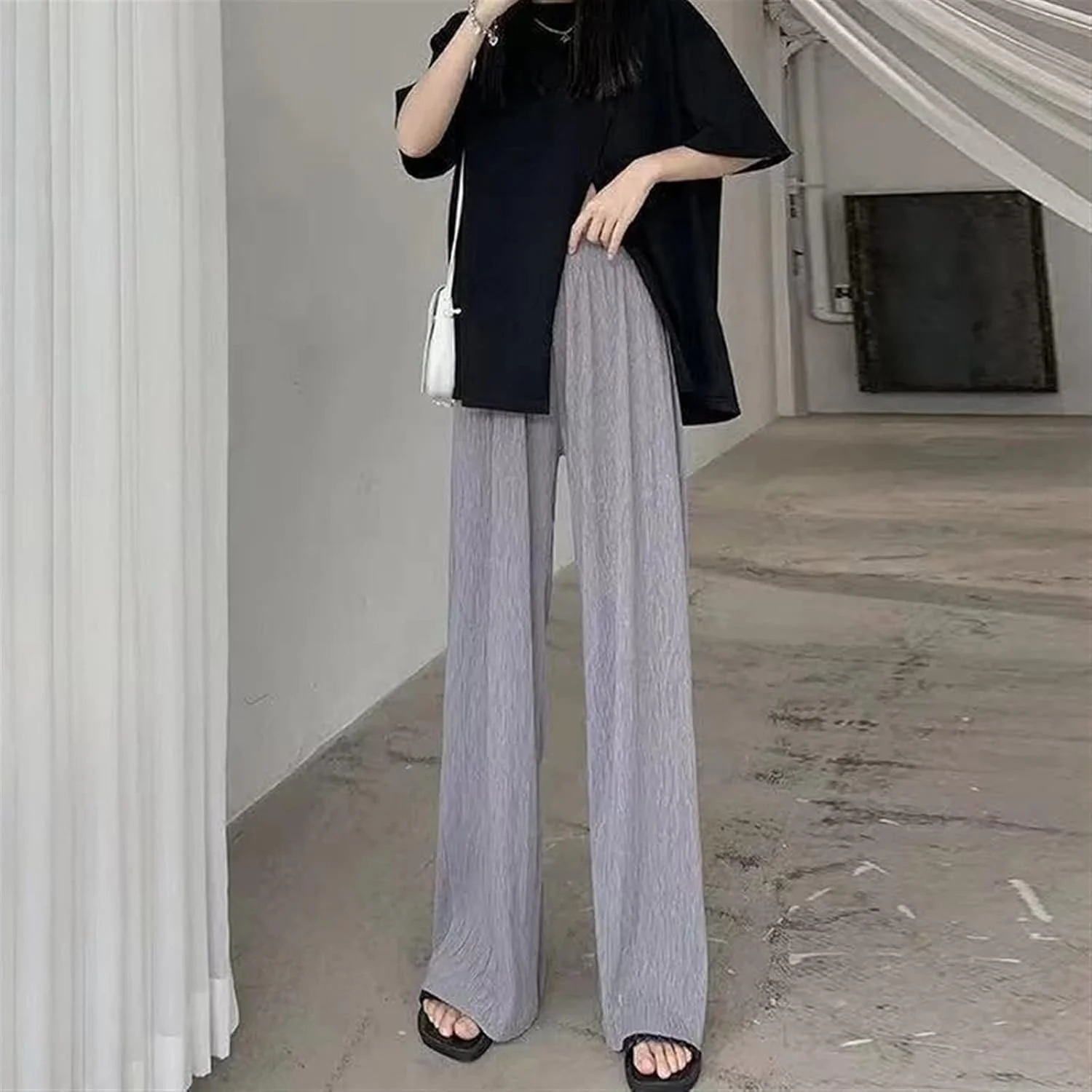 شلوار زنانه BEABAG، شلوار غیر رسمی زنانه، شلوار نخی ساده با کمر کشی، مناسب فصل تابستان، خنک، شیک و دارای پاچه گشاد (رنگ: خاکستری، سایز: XXL)