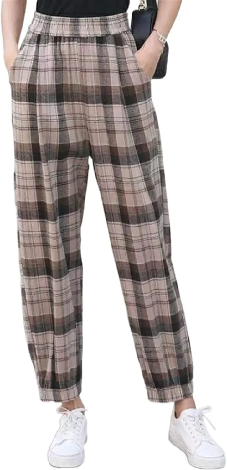 شلوار زنانه BEABAG، شلوار تا زانو، شلوار گشاد هارلم زنانه، کمر بلند، طرح چهارخانه روزمره، ضخیم، مدل جوان پسند، گرم (رنگ: بژ، سایز: M)