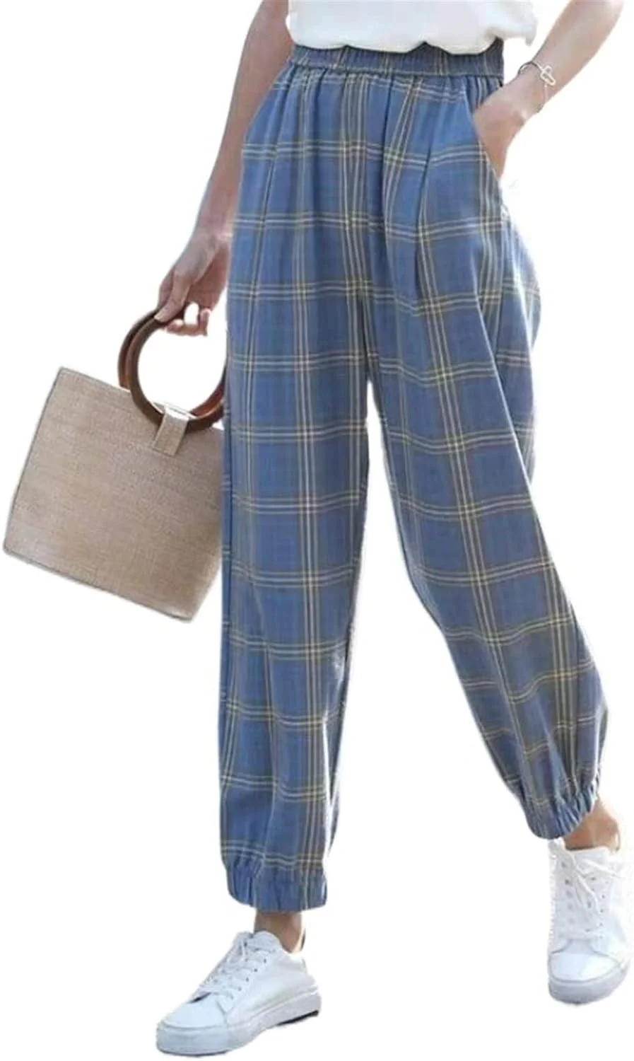 شلوار زنانه، قد تا زانو، مدل آزاد هارلم، کمر بلند، طرح چهارخانه روزمره، ضخیم، مناسب جوانان، جیب دار، گرم (رنگ: Hortel، سایز: L)