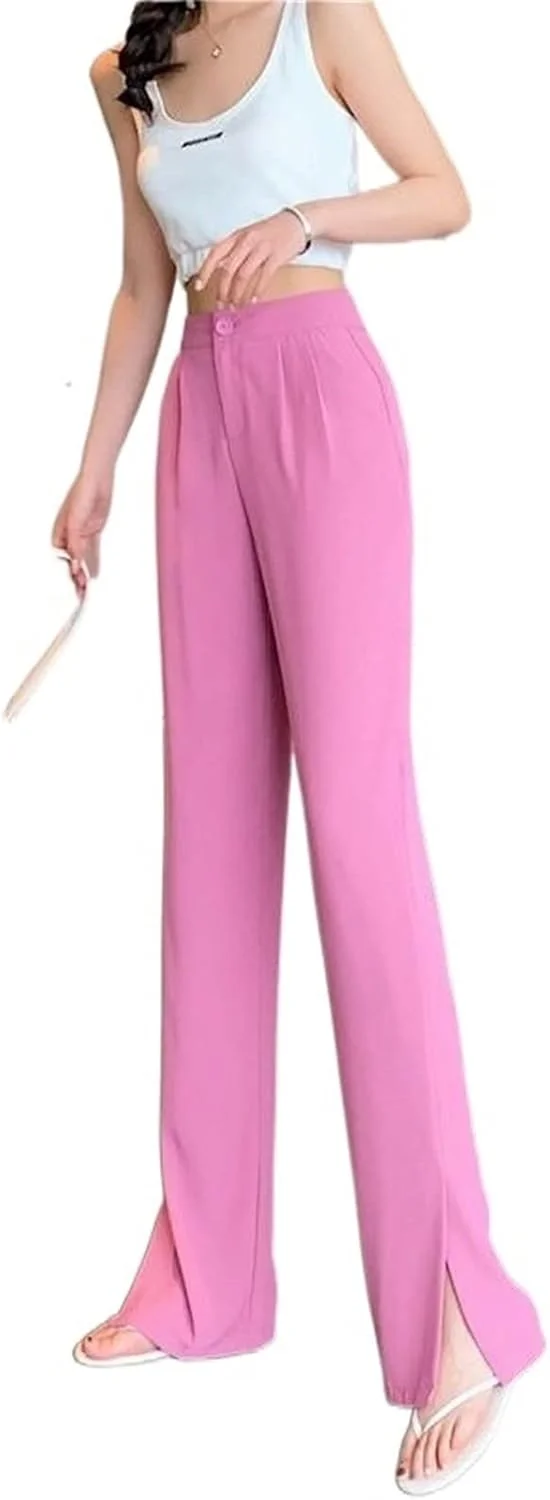 شلوار زنانه BEABAG، شلوار تابستانی زنانه با چاک کناری، شلوار کمر بلند باریک و نرم به سبک کالج (رنگ: صورتی، سایز: L)