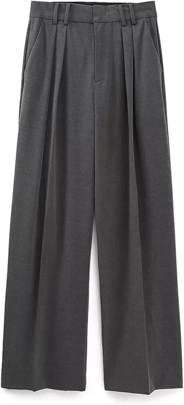 شلوار زنانه BEABAG، شلوار بلند راسته با جیب های پیلی دار، کمر بلند و زیپ دار (سایز: S)