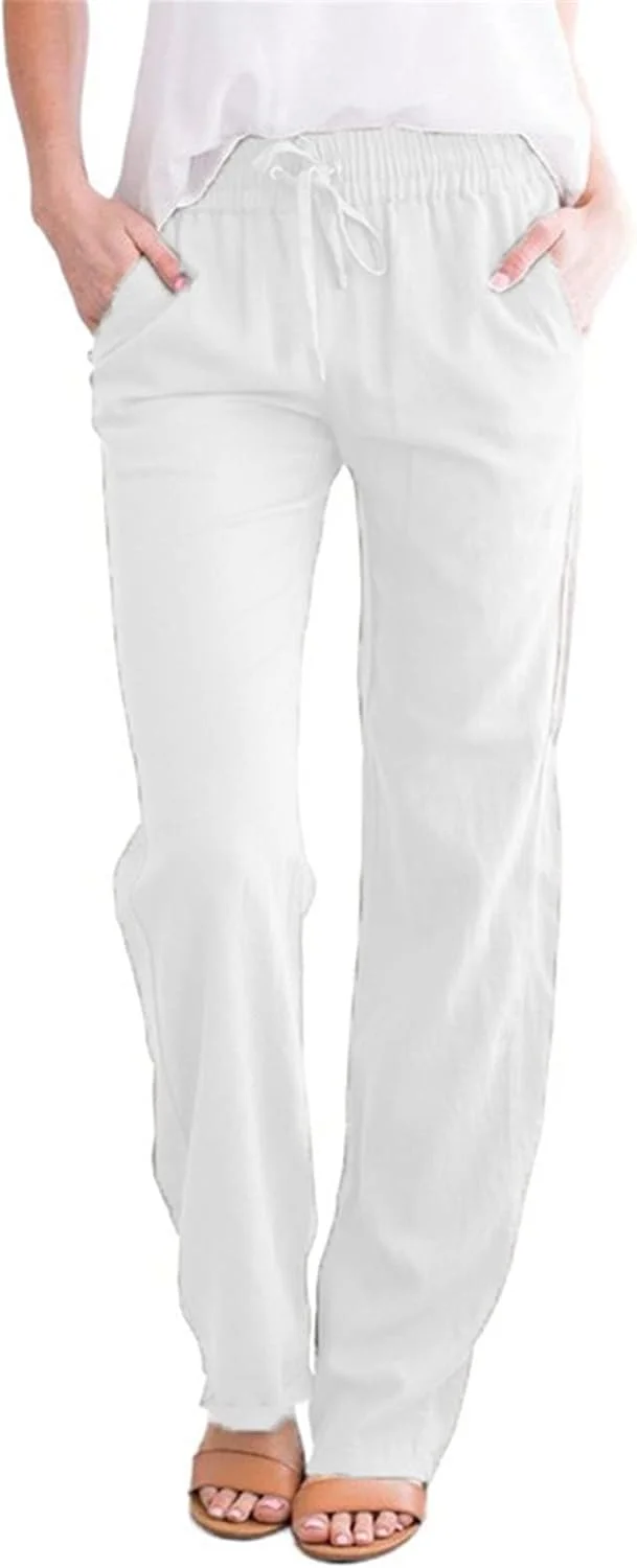شلوار زنانه تابستانی، شلوار نخی و کتان زنانه با بند کشی، گشاد و پاچه پهن، شلوار بلند با جیب (رنگ: سفید، سایز: S)
