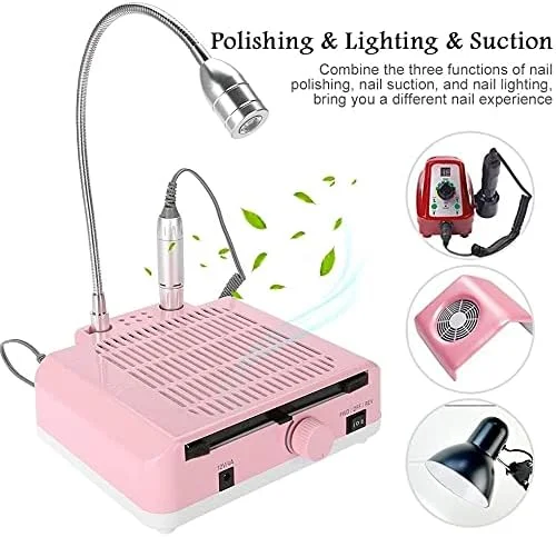 دستگاه سوهان برقی ناخن 30000 دور در دقیقه - دستگاه پولیش و سوهان ناخن 3 در 1 با جمع کننده گرد و غبار و چراغ LED رومیزی ایده آل برای استفاده خانگی (رنگ: سفید)
