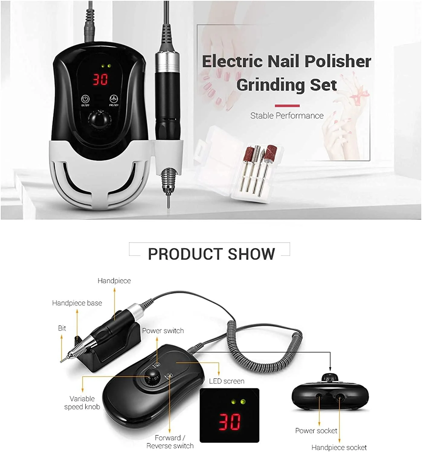 دستگاه سوهان برقی ناخن 30000 دور در دقیقه، کیت قابل حمل سوهان برقی ناخن برای مانیکور و پدیکور ناخن های ژلی و اکریلیک، ابزار پولیش و فرم دهی مناسب برای استفاده در منزل و سالن