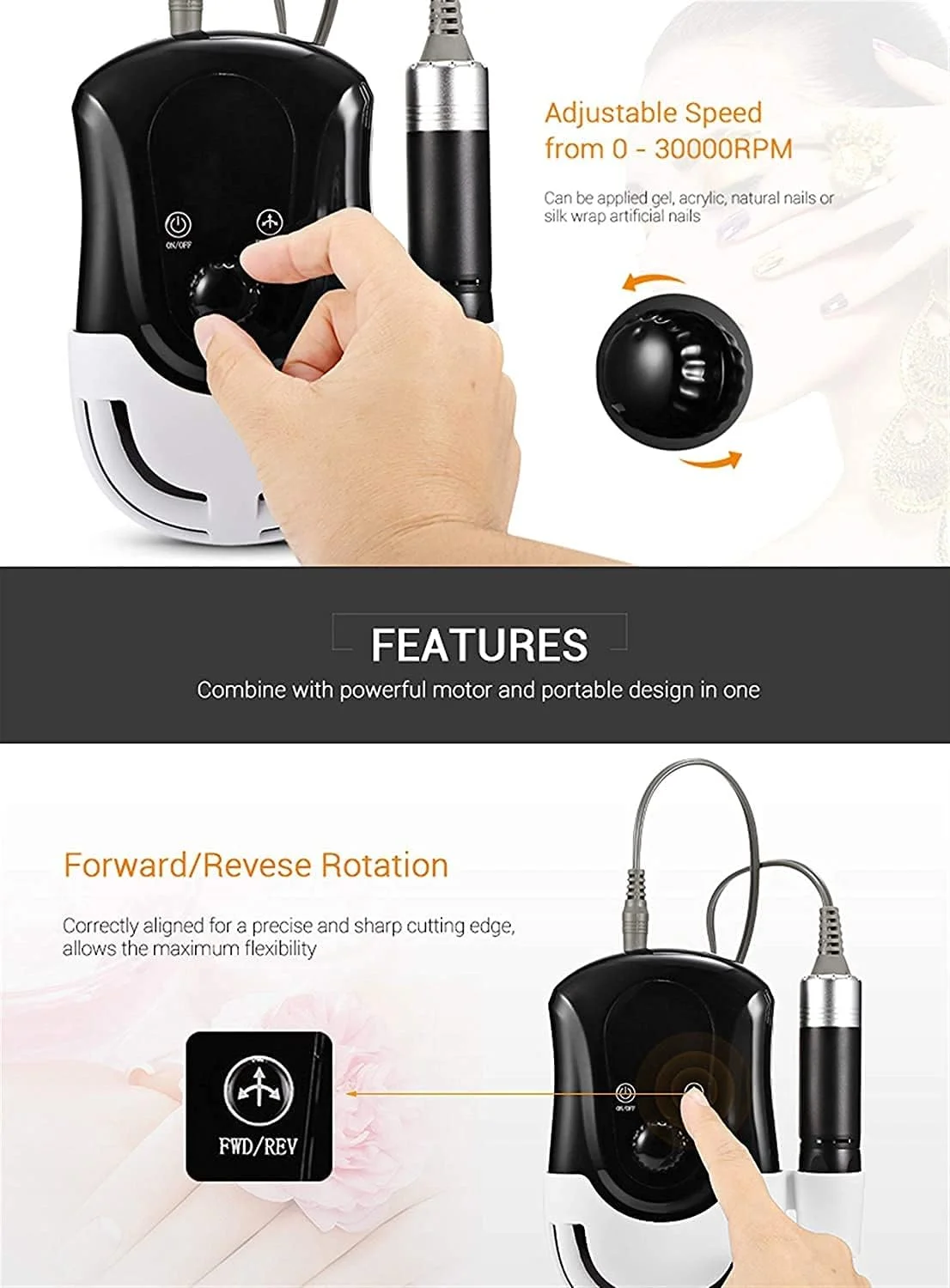 دستگاه سوهان برقی ناخن 30000 دور در دقیقه، کیت قابل حمل سوهان برقی ناخن برای مانیکور و پدیکور ناخن های ژلی و اکریلیک، ابزار پولیش و فرم دهی مناسب برای استفاده در منزل و سالن