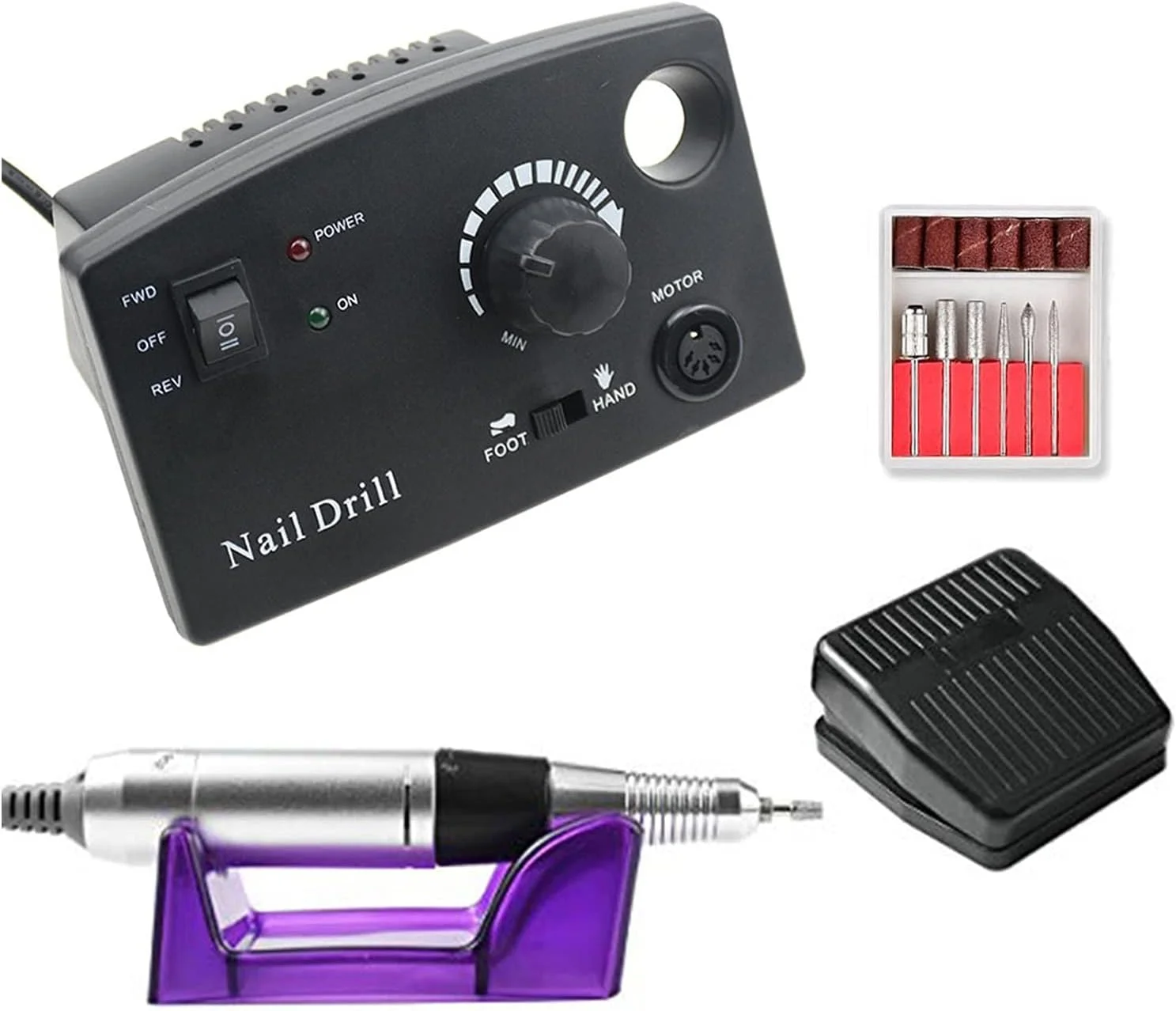 دستگاه مانیکور برقی 20 وات 35000 دور در دقیقه به همراه سری فرز، سوهان برقی و ابزار طراحی ناخن