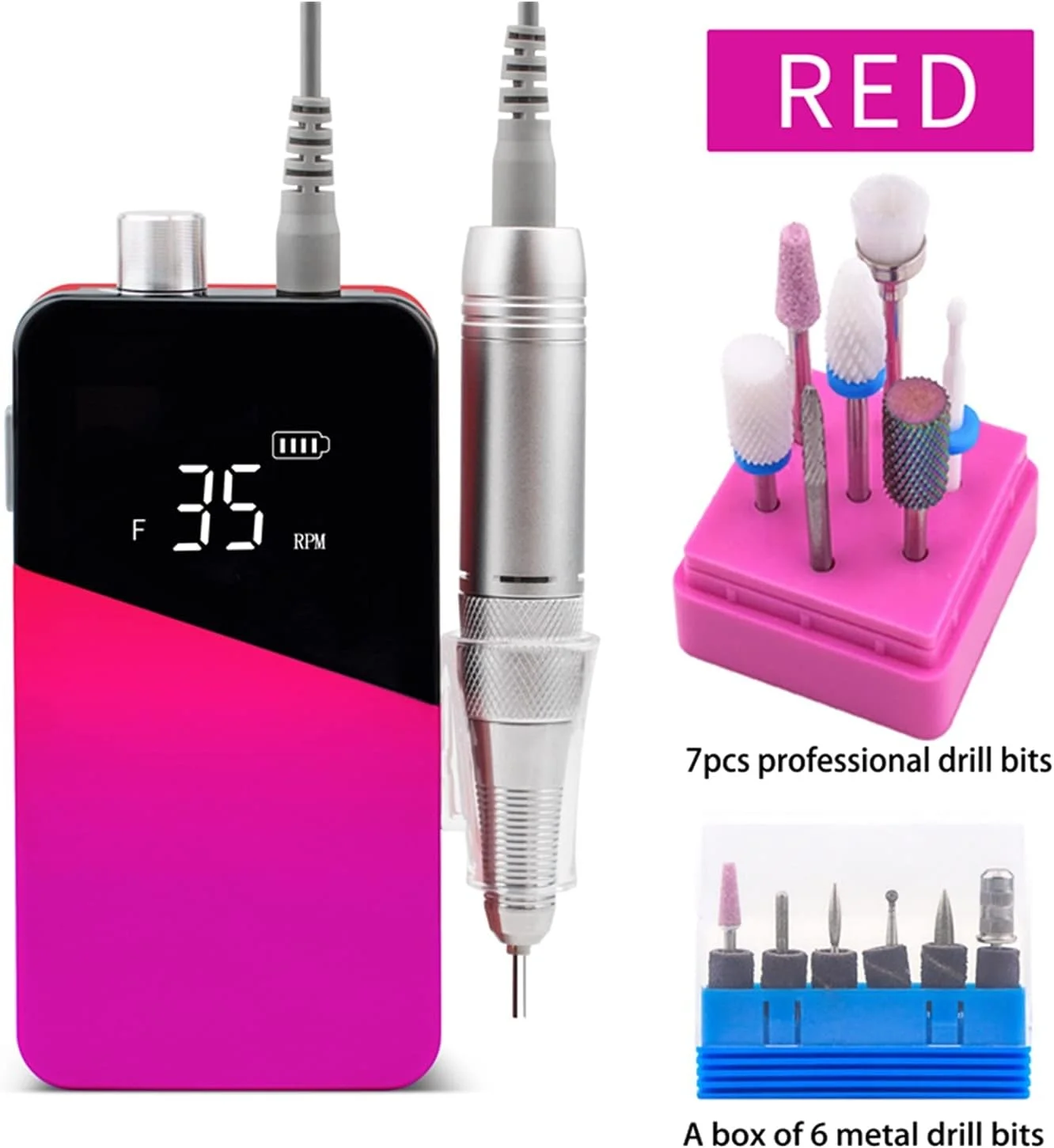 ست مراقبت از ناخن WWART - دستگاه سوهان برقی ناخن قابل حمل بی سیم 35000 دور در دقیقه، ست مانیکور و پدیکور قابل شارژ (رنگ: ست قرمز)