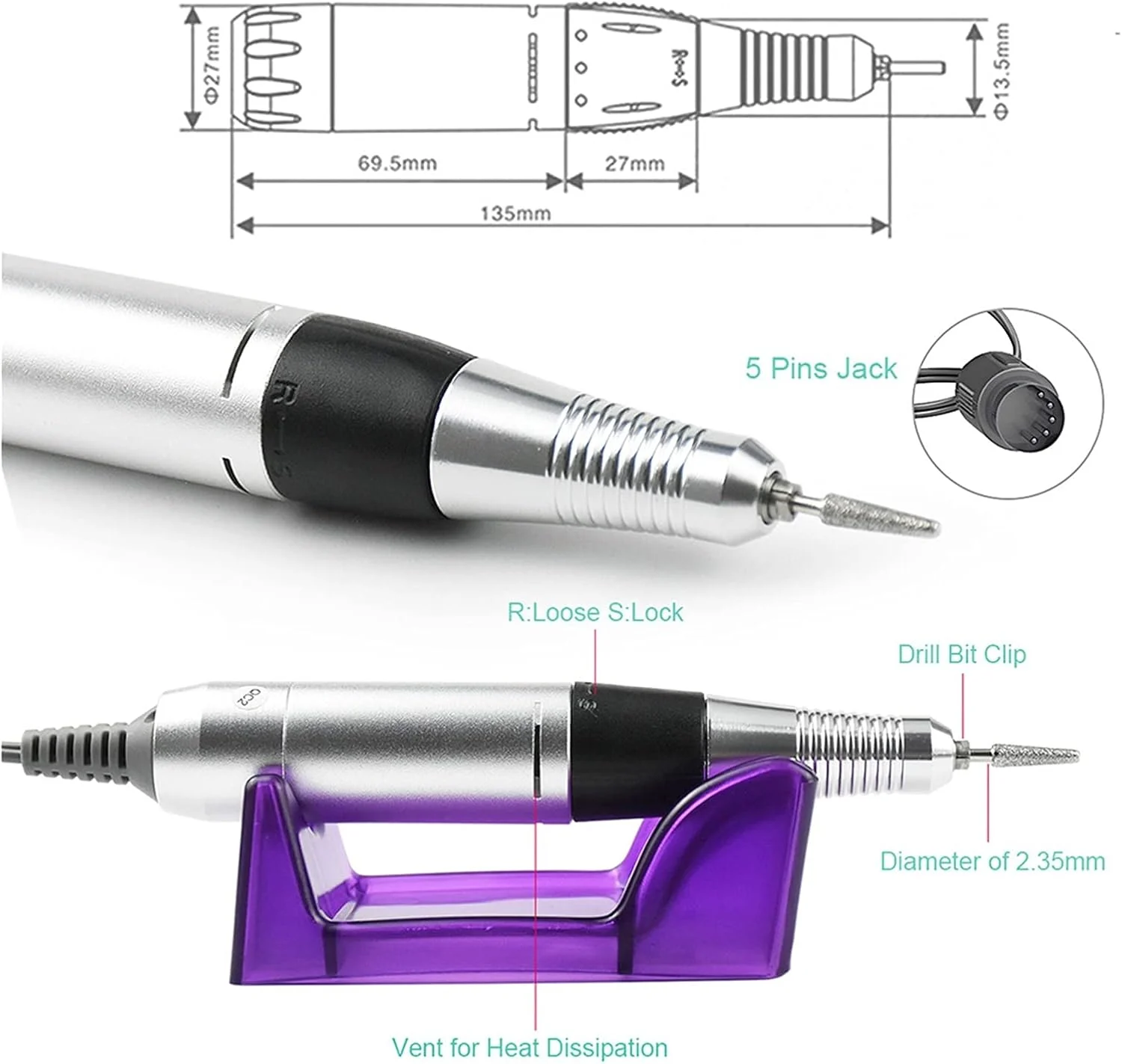 دستگاه مانیکور برقی 20 وات 35000 دور در دقیقه با لوازم جانبی، شامل فرز و سری های مختلف