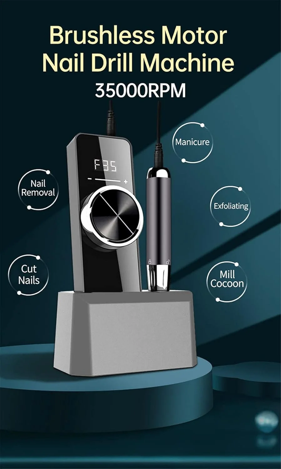 دستگاه سوهان برقی ناخن 35000 دور در دقیقه، درایو بدون برس، قابل شارژ، بی سیم، مناسب برای ناخن های ژلیش و اکریلیک، استفاده در خانه و سالن (رنگ: قرمز)