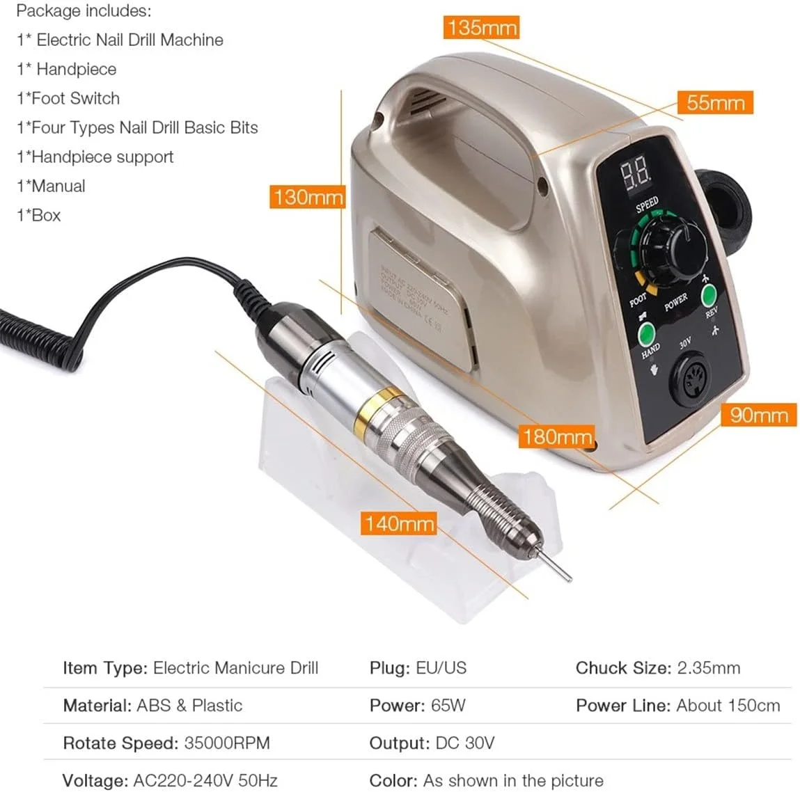 دستگاه مانیکور برقی 65 وات 35000 دور در دقیقه، ابزار حرفه ای پدیکور، مته های برقی، سوهان و تجهیزات طراحی ناخن