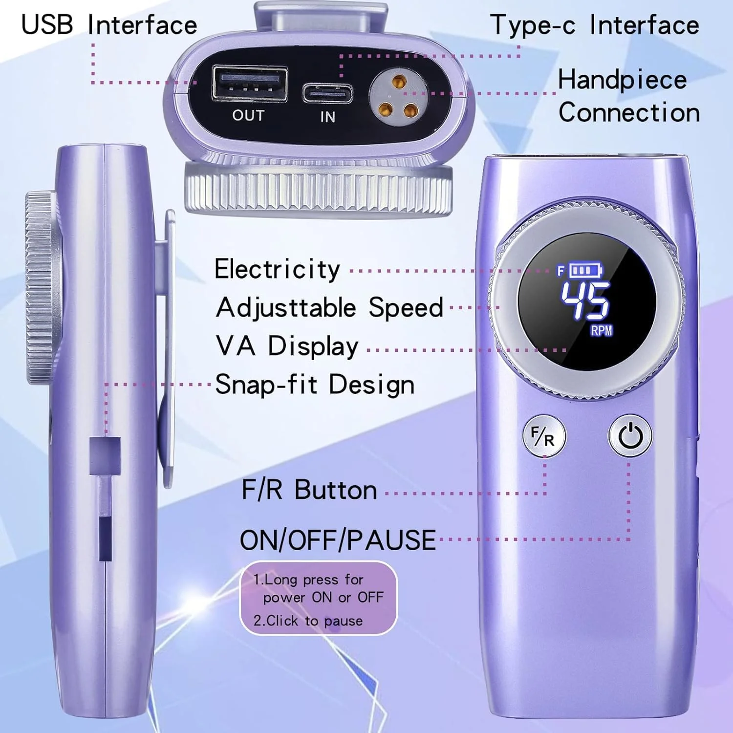 دستگاه سوهان برقی ناخن Azonee، حرفه ای 45000 دور در دقیقه، برای مانیکور با صفحه نمایش LCD، سوهان ناخن، دستگاه پرداخت ناخن شارژی، دستگاه برقی بی سیم برای ناخن های ژلی مناسب برای استفاده در سالن و منزل