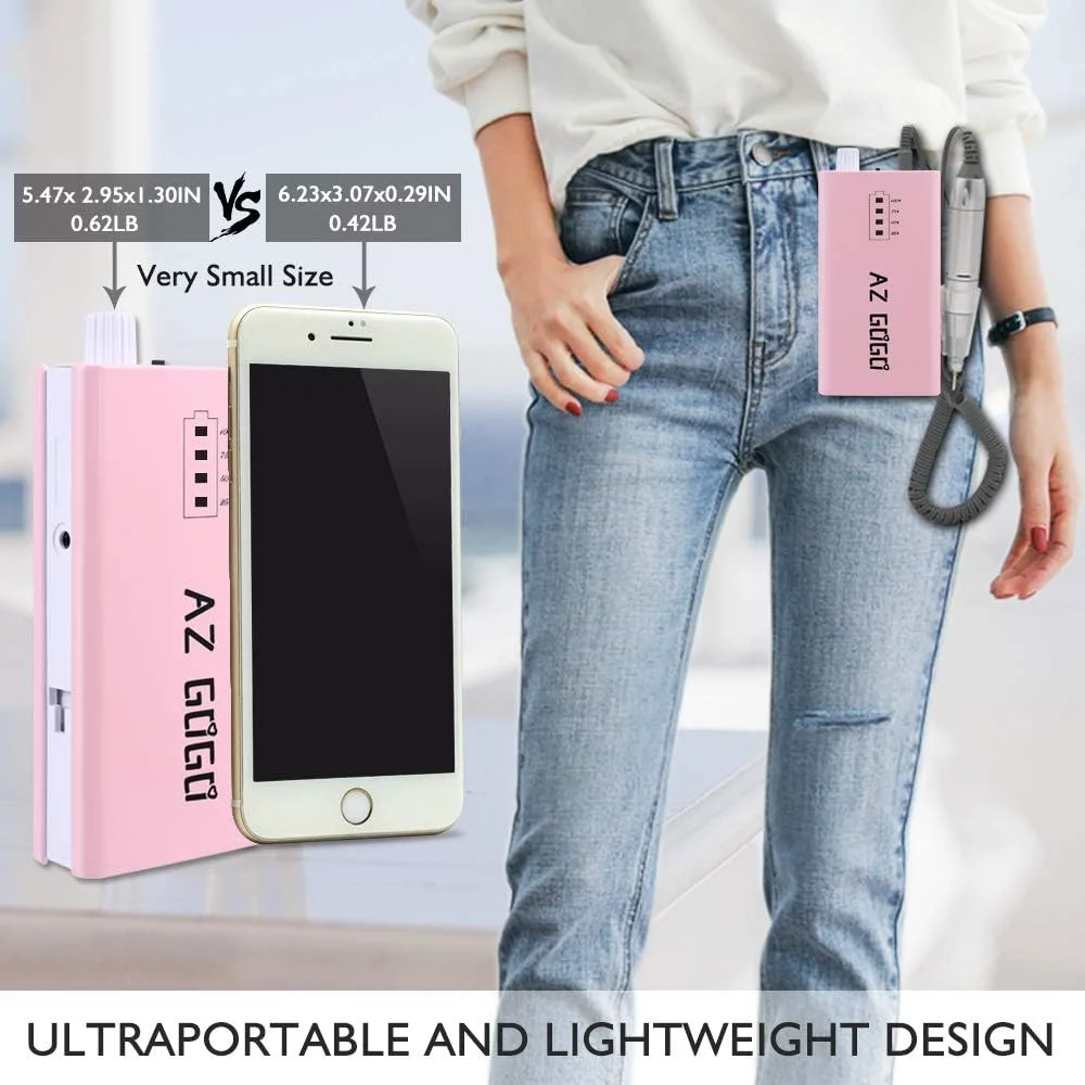 دستگاه سوهان برقی ناخن قابل حمل AZ GOGO با سرعت 30000 دور در دقیقه، سوهان برقی حرفه ای قابل شارژ برای ناخن های اکریلیک، مانیکور/پدیکور، پولیش، کوتیکول - استفاده در سالن یا منزل (صورتی)