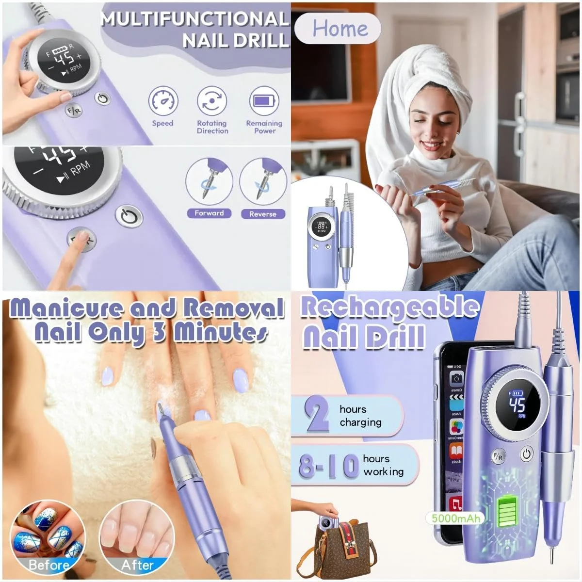 دستگاه سوهان برقی ناخن Azonee، حرفه ای 45000 دور در دقیقه، برای مانیکور با صفحه نمایش LCD، سوهان ناخن، دستگاه پرداخت ناخن شارژی، دستگاه برقی بی سیم برای ناخن های ژلی مناسب برای استفاده در سالن و منزل