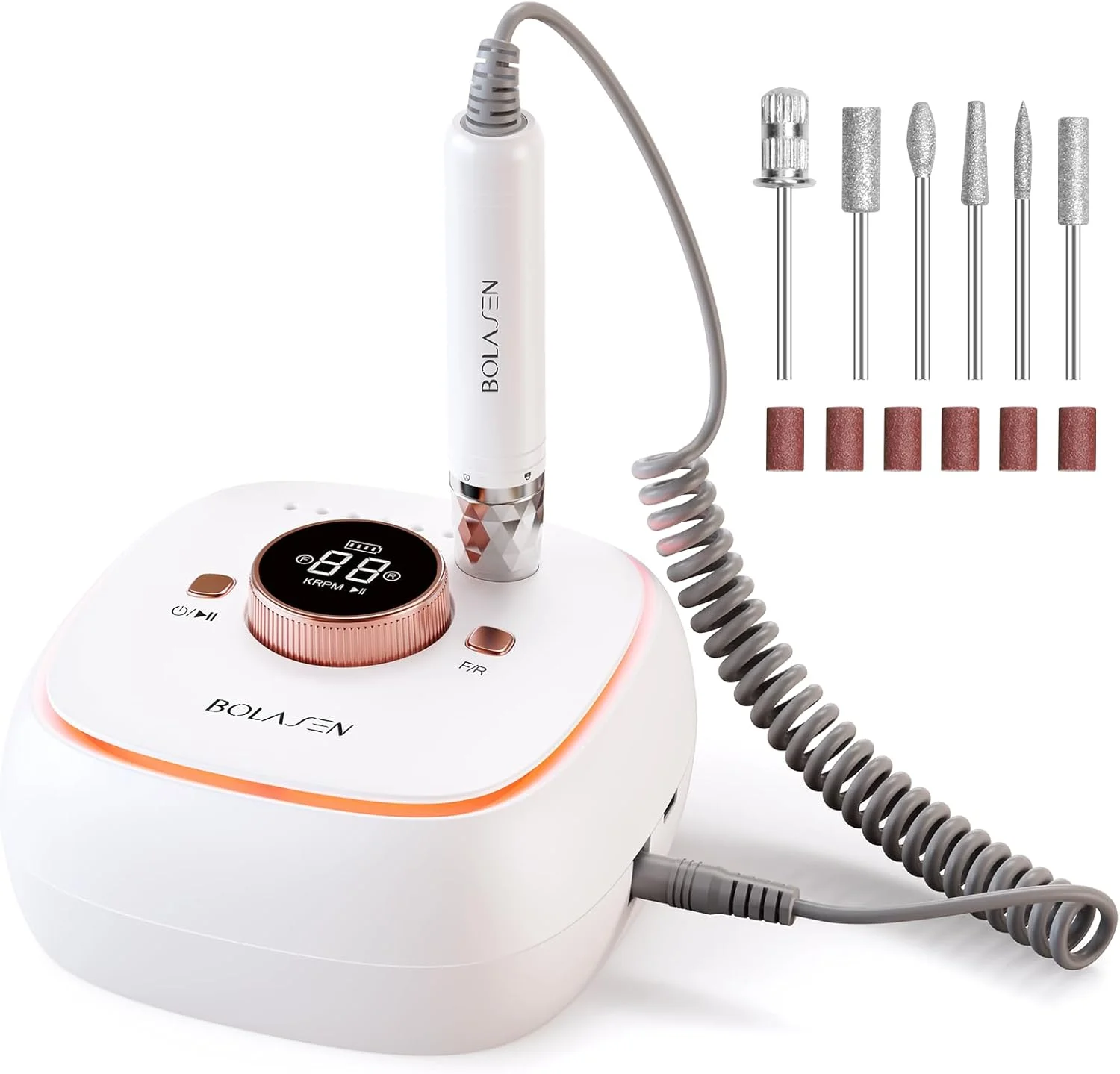 دستگاه سوهان برقی ناخن حرفه ای براشلس 40000 دور در دقیقه BOLASEN، سوهان برقی شارژی بی سیم 7800 میلی آمپر ساعتی، سوهان برقی با قابلیت حذف سریع برای ناخن های ژلی آکریلیک، شروع و توقف خودکار، ایده آل برای استفاده در سالن، HaloDrill 10