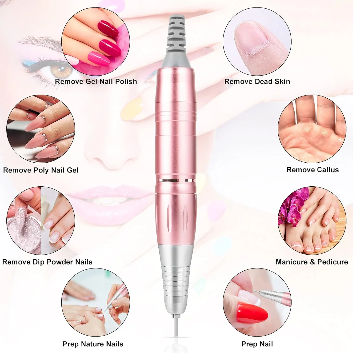 دستگاه سوهان ناخن، 35000 دور در دقیقه، قابل شارژ، دستگاه سوهان برقی قابل حمل حرفه ای، سوهان برقی ناخن با 11 سر قابل تعویض و نوارهای سمباده، مجهز به صفحه نمایش LCD هوشمند (صورتی)