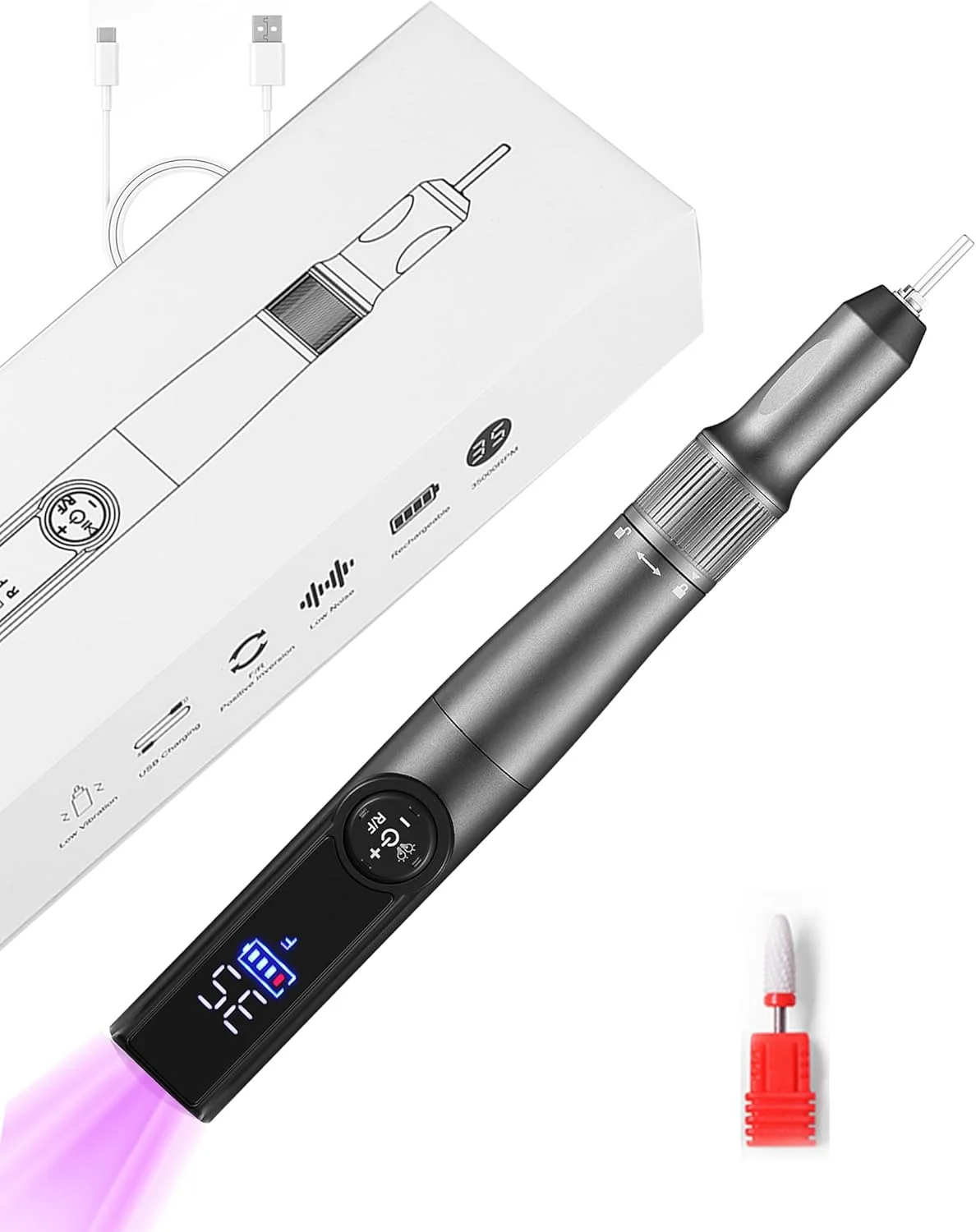 دستگاه سوهان برقی ناخن شارژی با چراغ ناخن، کیت سوهان ناخن 2 در 1، 35000 دور در دقیقه، قابل حمل و شارژ، مناسب برای از بین بردن لاک ژل و پولیش اکریلیک، ست مانیکور و پدیکور حرفه ای